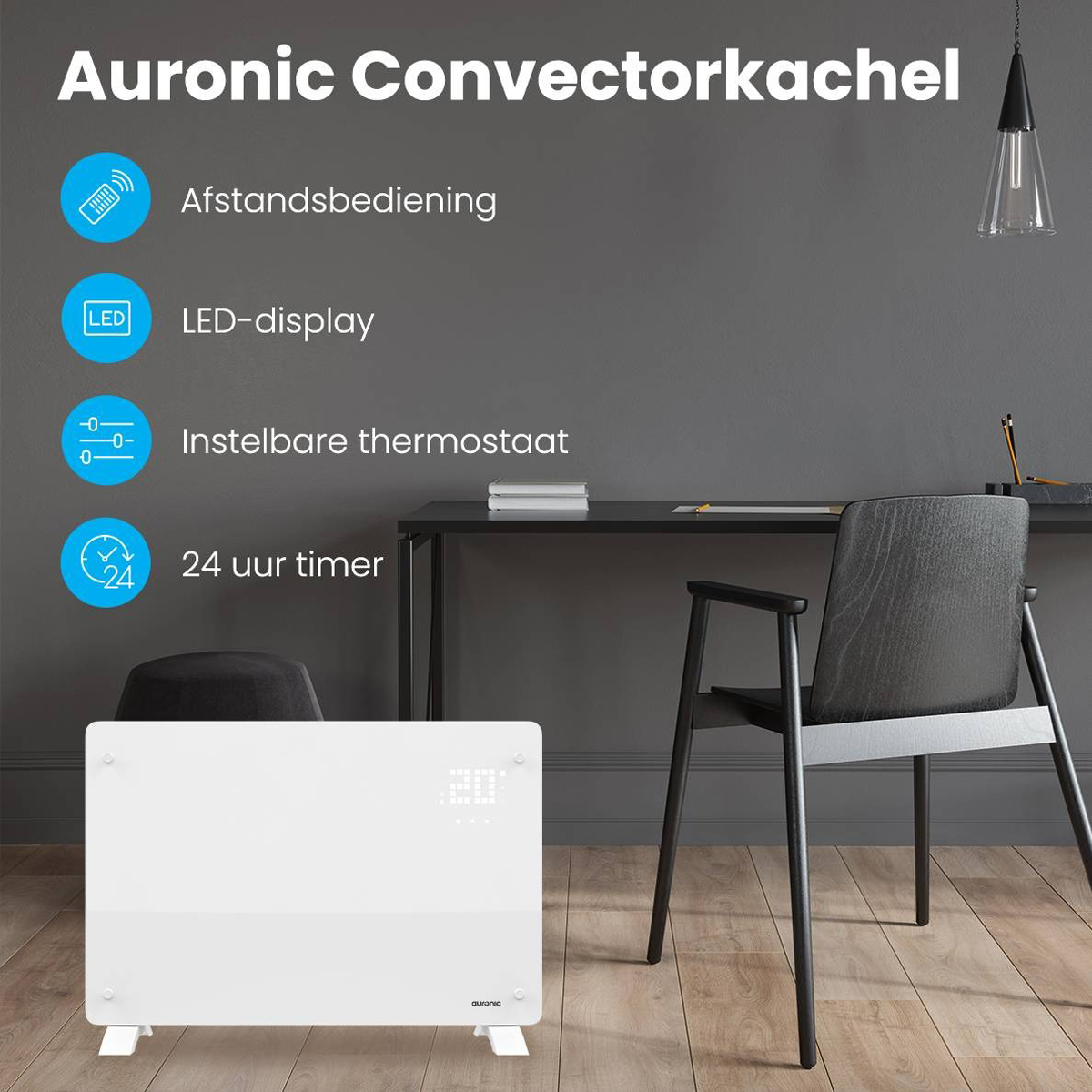 Witte elektrische kachel. Functies worden weergegeven. Zwarte tafel en stoel op de achtergrond.