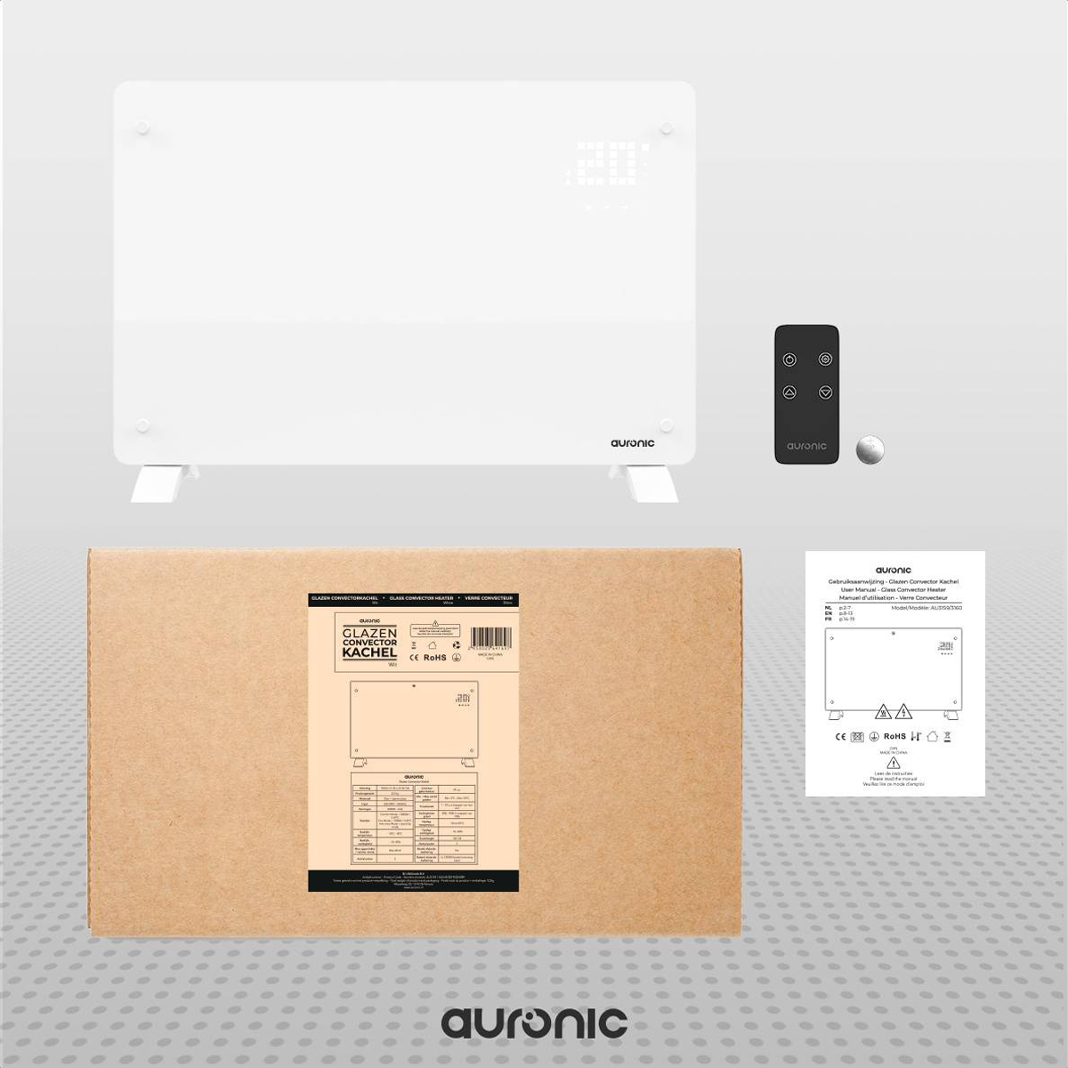 A white glass heater, remote, and a brown box with printed information.