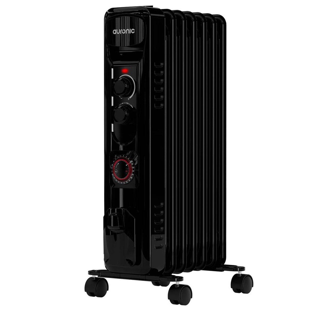 Schwarzer Ölradiator mit Rädern. Er hat mehrere Drehregler und eine Betriebsanzeige.