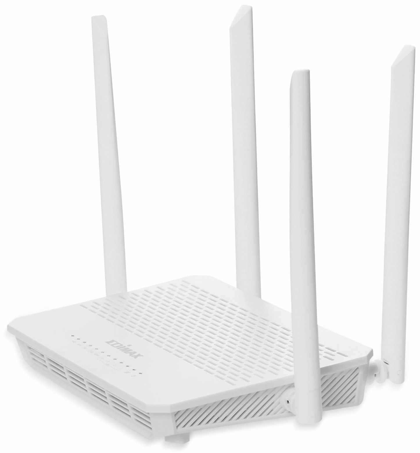 Router wireless bianco con quattro antenne verticali, corpo rettangolare e sfondo bianco.