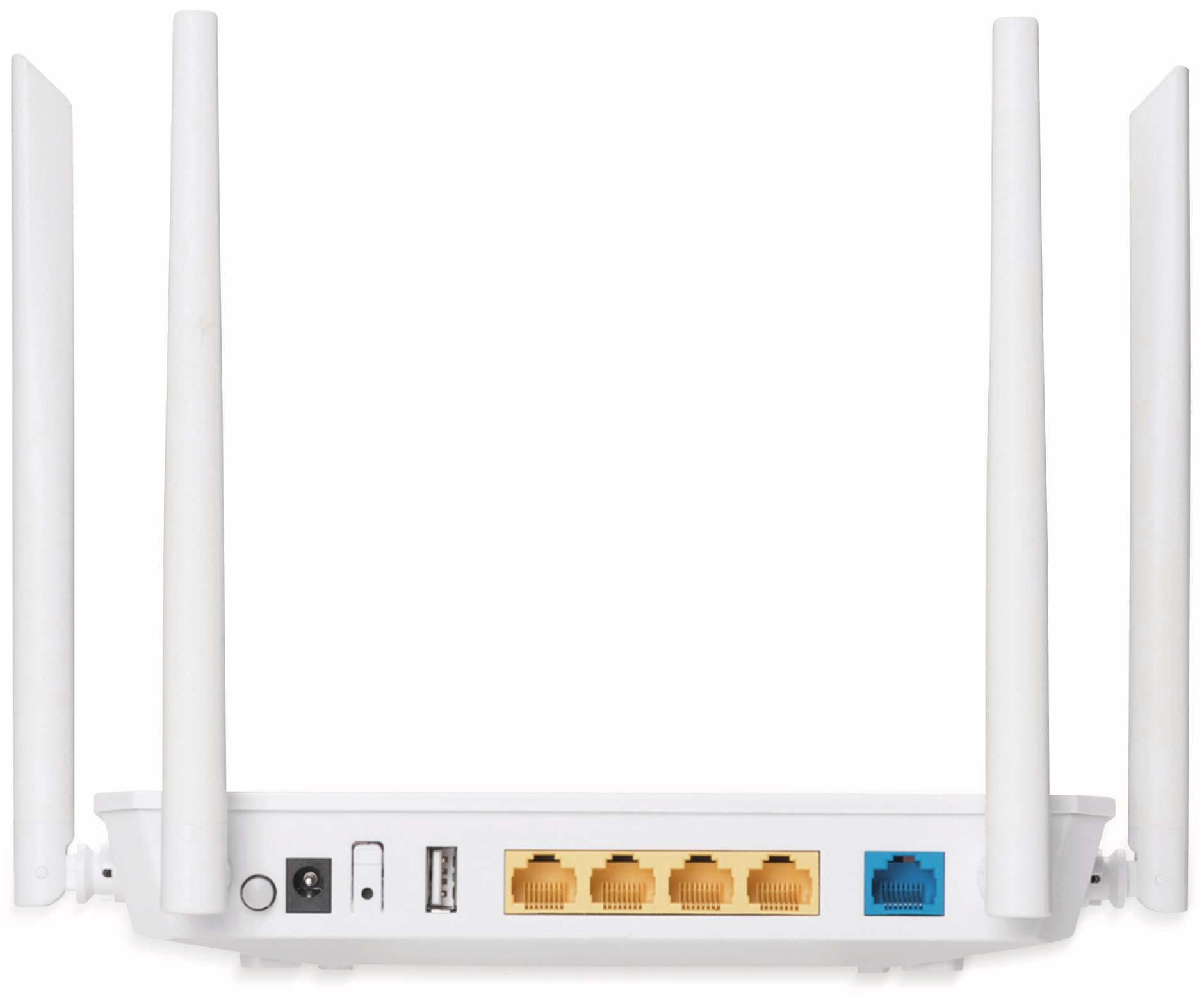 Router bianco con quattro antenne e porte, vista posteriore, isolato su bianco.