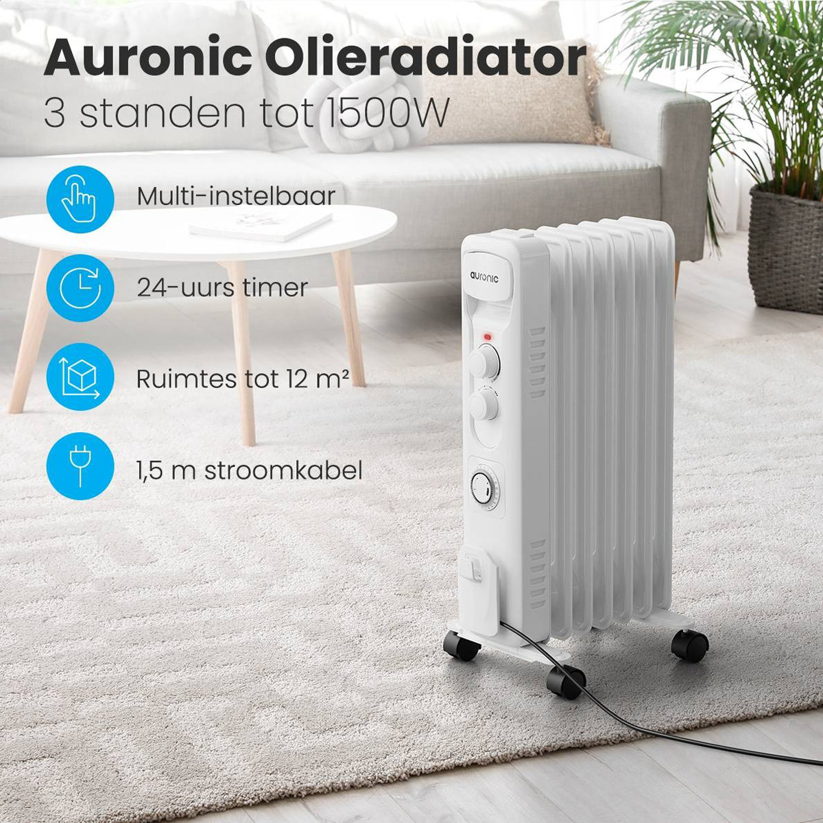 Weißer Ölradiator auf einem Teppich mit einem Tisch, einem Sofa und anderen Gegenständen.