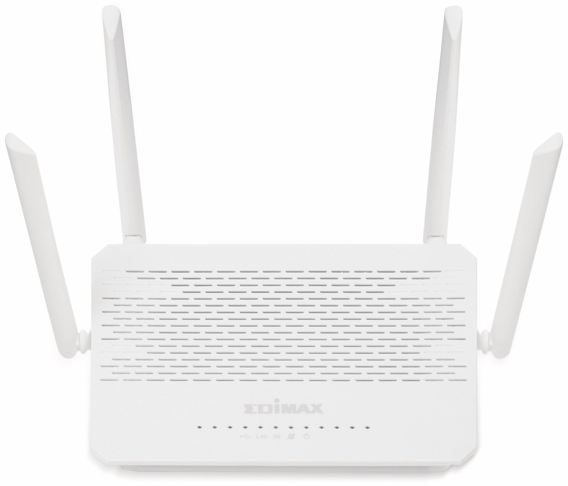 Router bianco con quattro antenne, un pannello frontale con luci e il logo Edimax.
