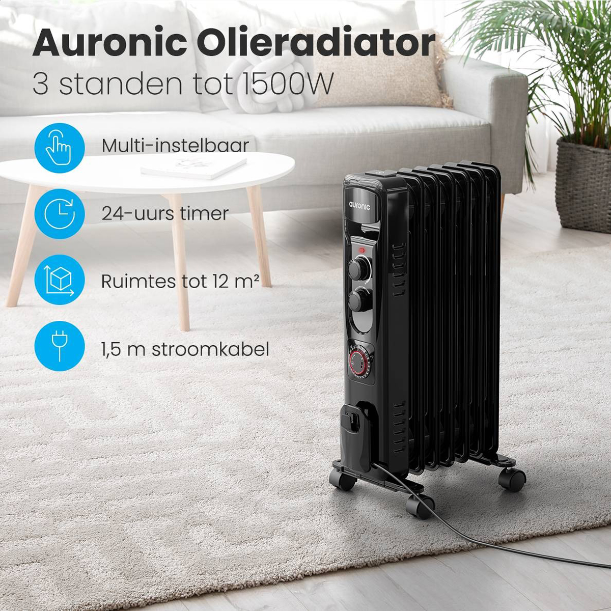 Schwarzer Ölradiator neben einer Couch und einem kleinen Tisch. Text zeigt Funktionen.