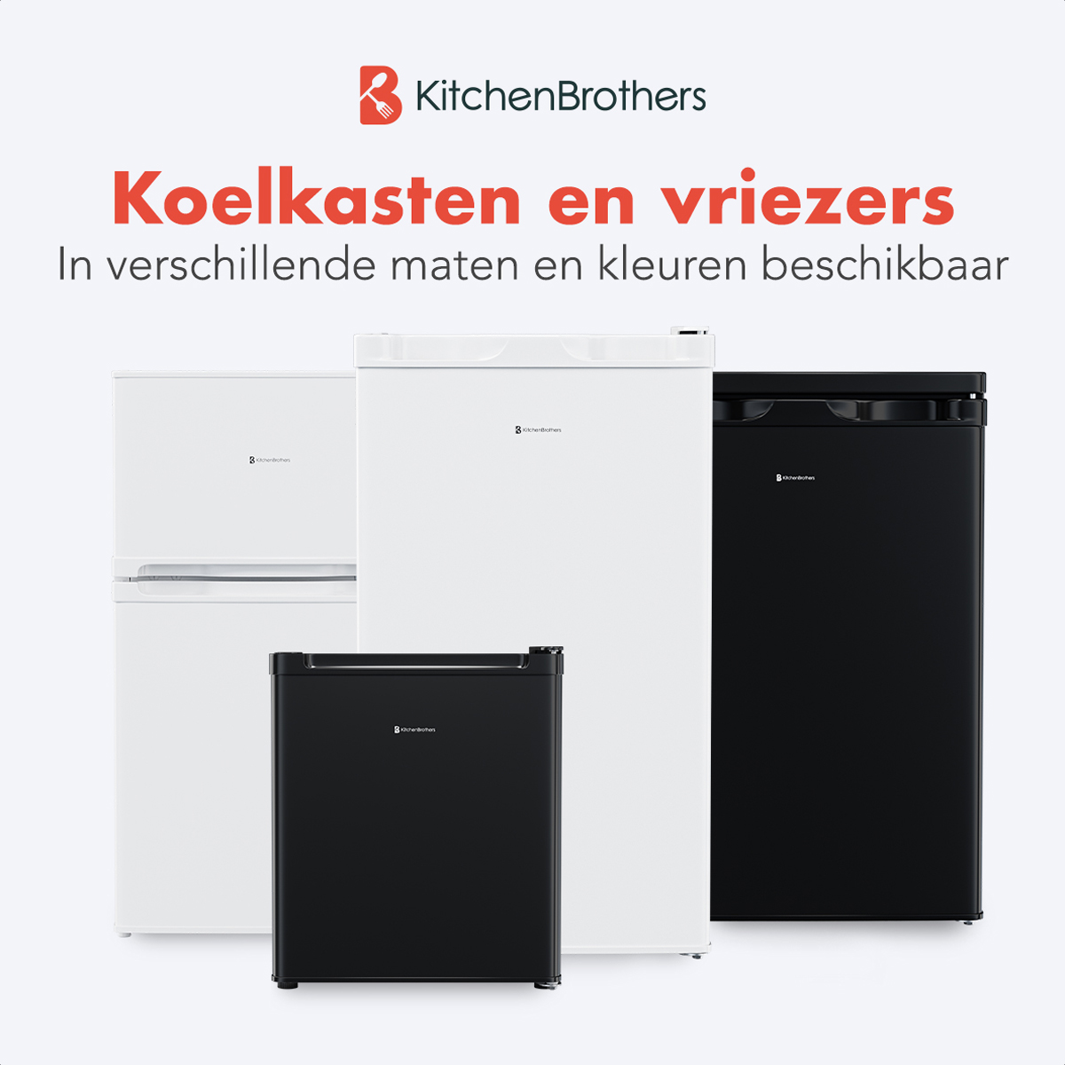A variety of kitchen refrigerators in white and black colors.