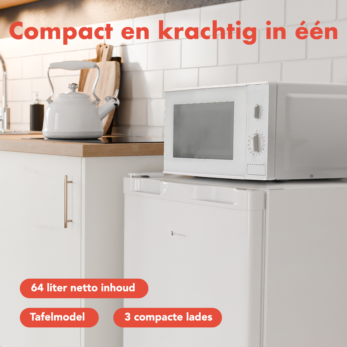 White microwave and fridge, kitchen setting. Text: 'Compact and powerful in one'.