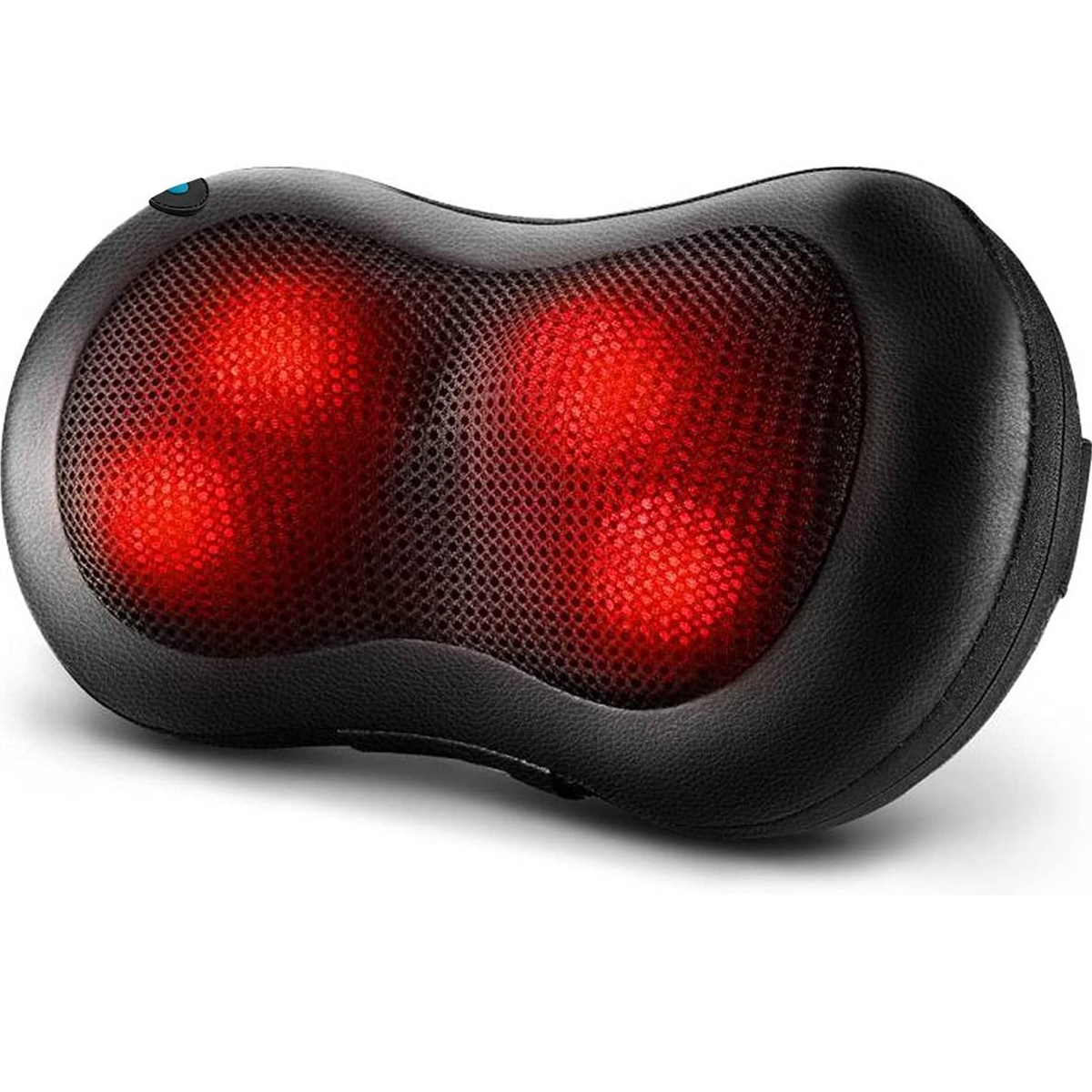 Black massage pillow with red lights. The pillow is on a white surface.