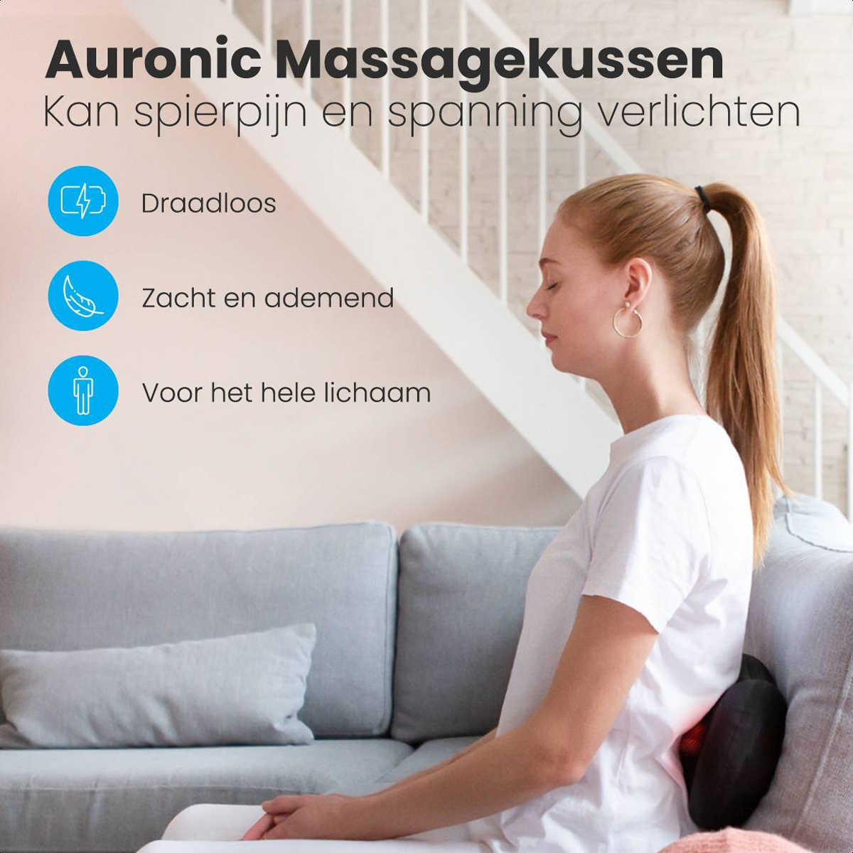 A woman is sitting on a couch with a massage cushion on her back. The text states the benefits.