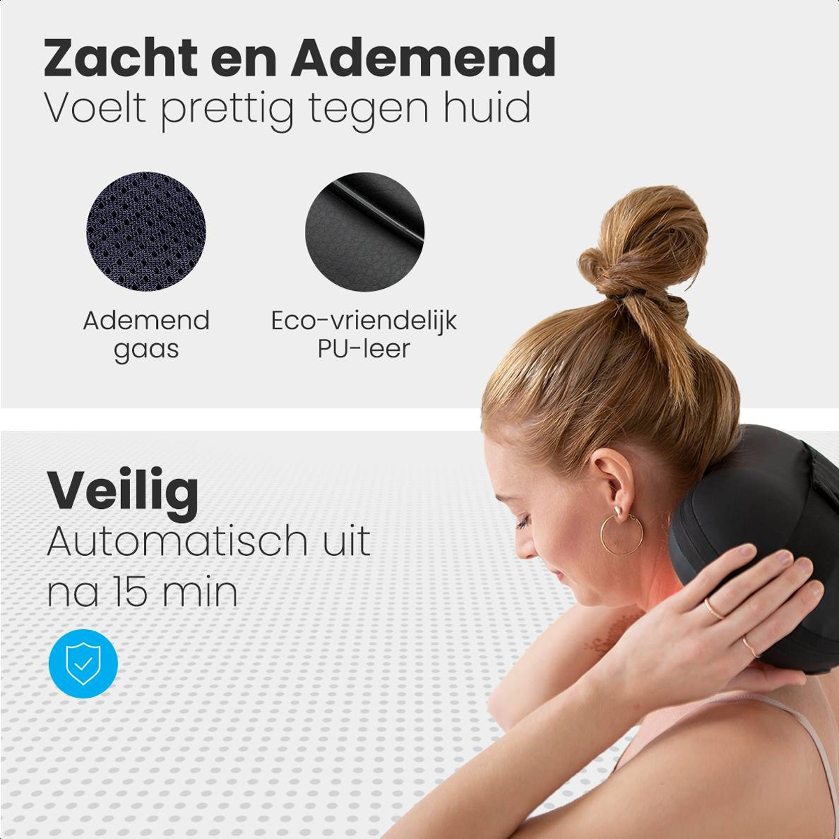 A woman with a black massage ball on her neck. There are circles on the background.