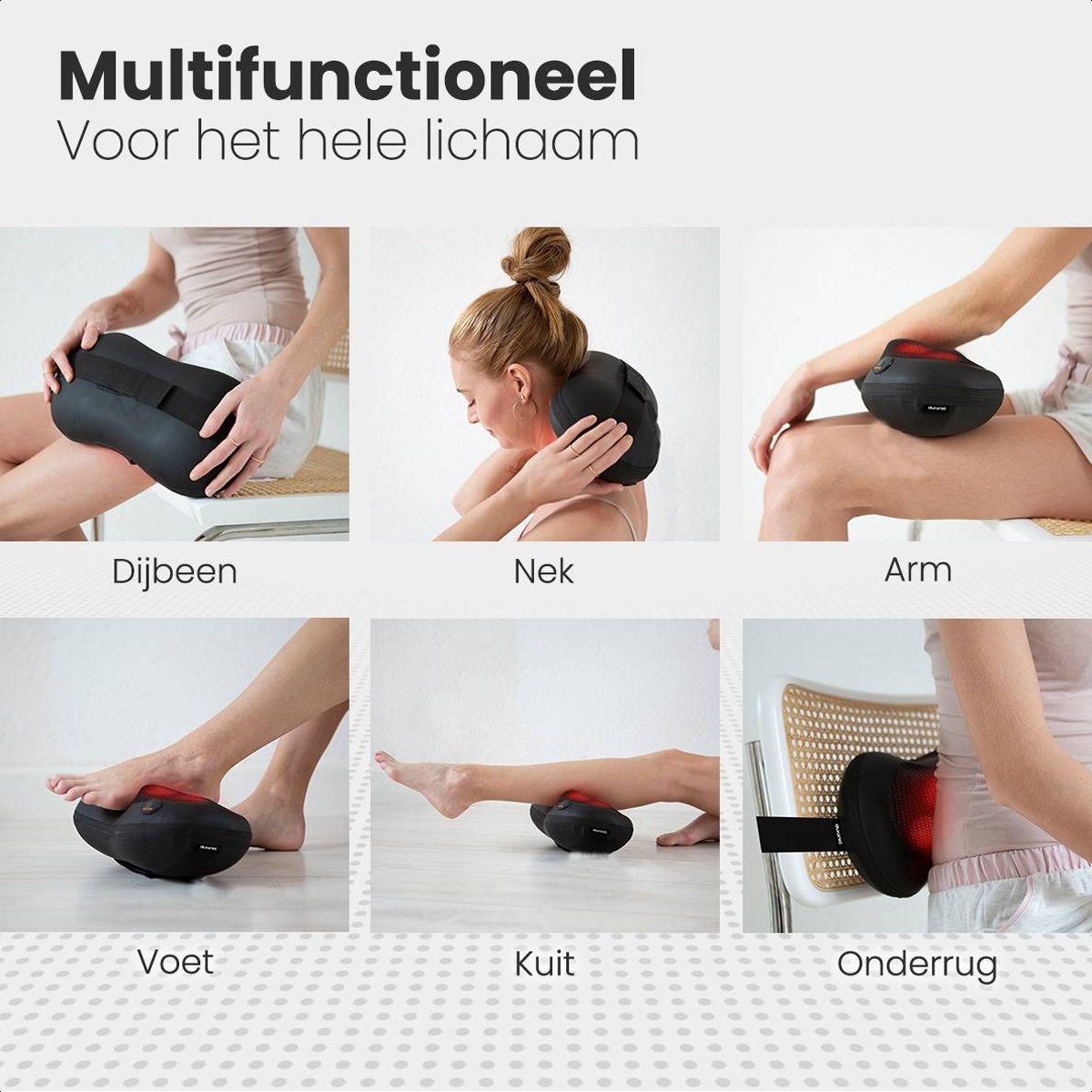 Collage of people using a black massage device on different body parts.