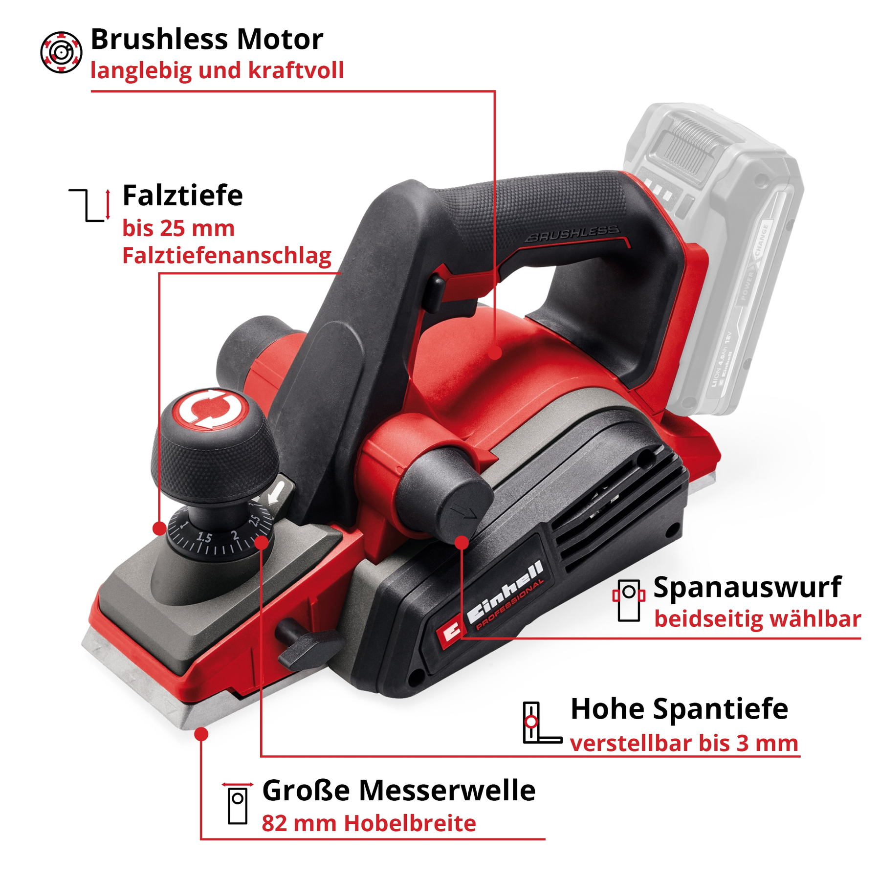 Roter und schwarzer Elektrohobel mit Beschriftungen, Nahaufnahme.