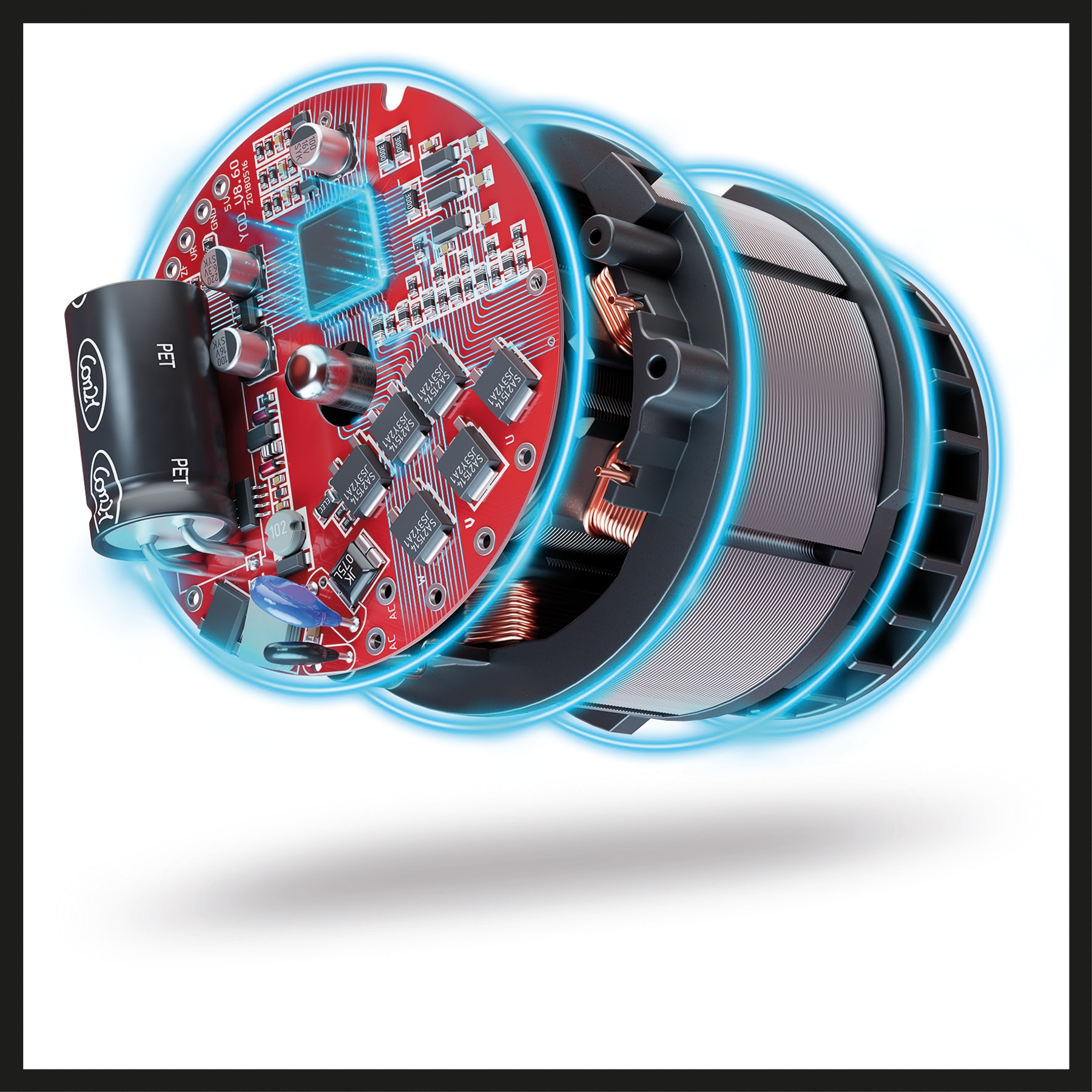 Nahaufnahme einer roten Leiterplatte mit blauen Akzenten, die elektronische Bauteile und Verdrahtung zeigt.