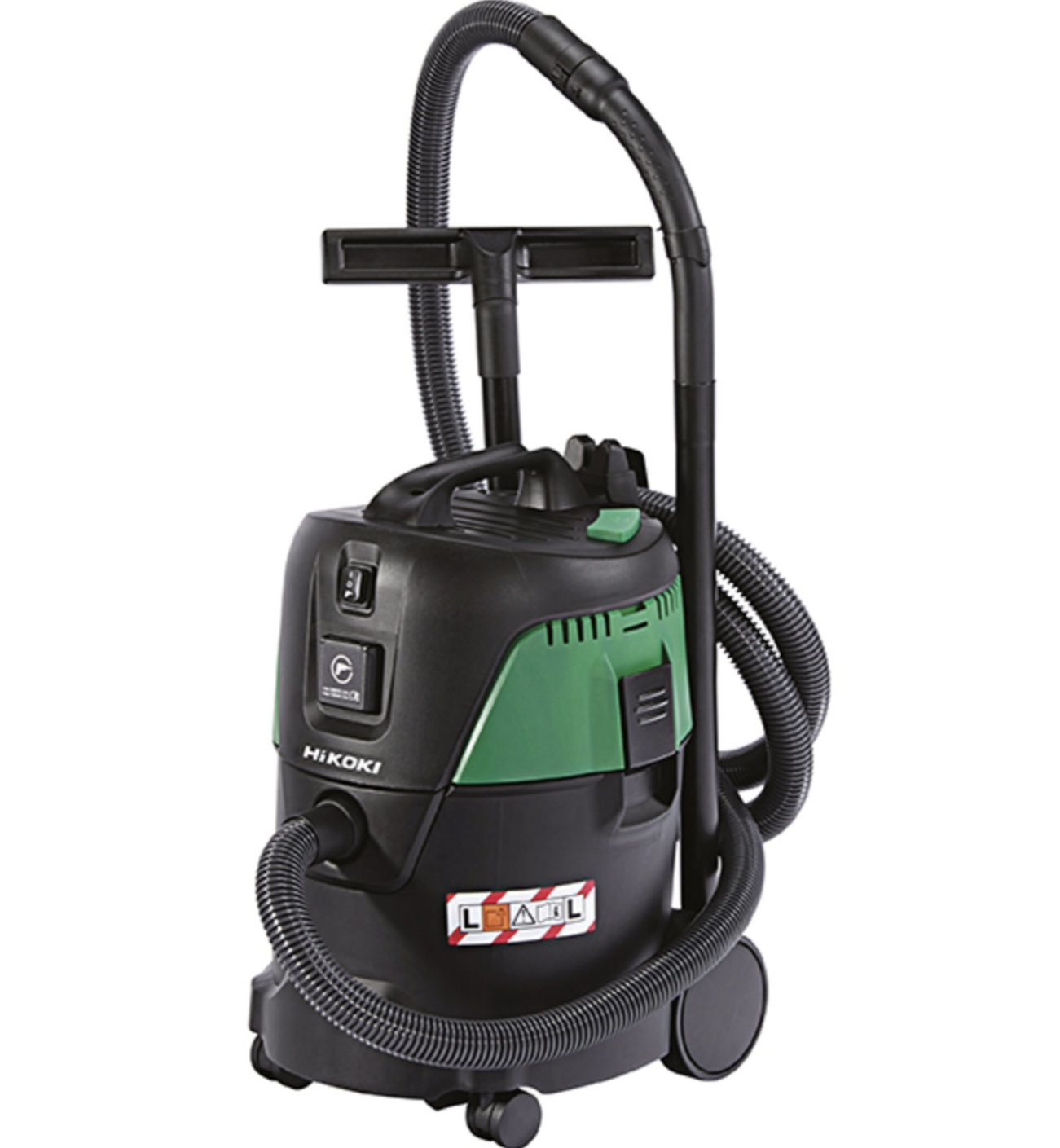 Aspirapolvere umido/secco nero e verde con tubo lungo e maniglia. Ha ruote per la mobilità.