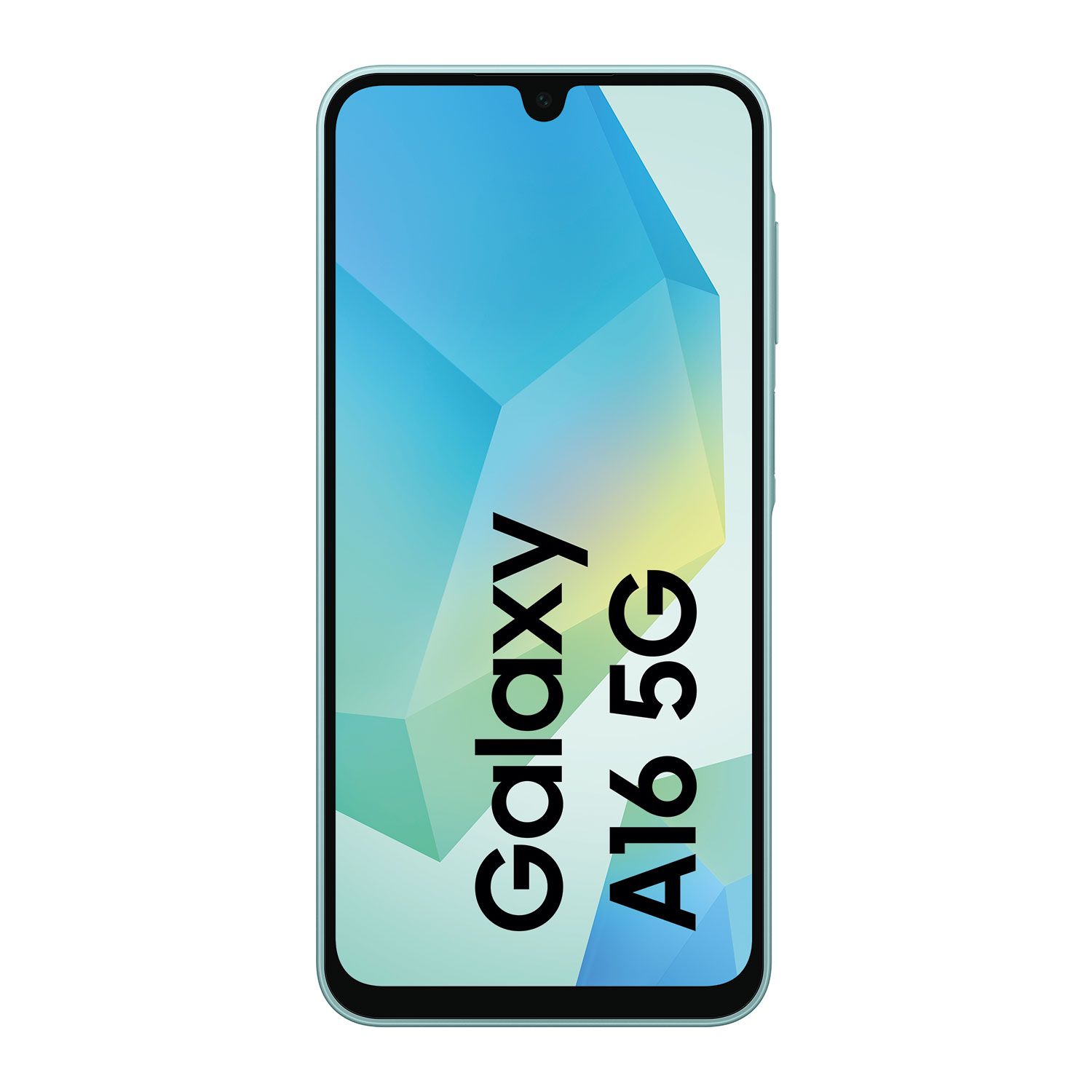 Un teléfono azul con una pantalla grande. La pantalla muestra "Galaxy A16 5G" en blanco y negro.