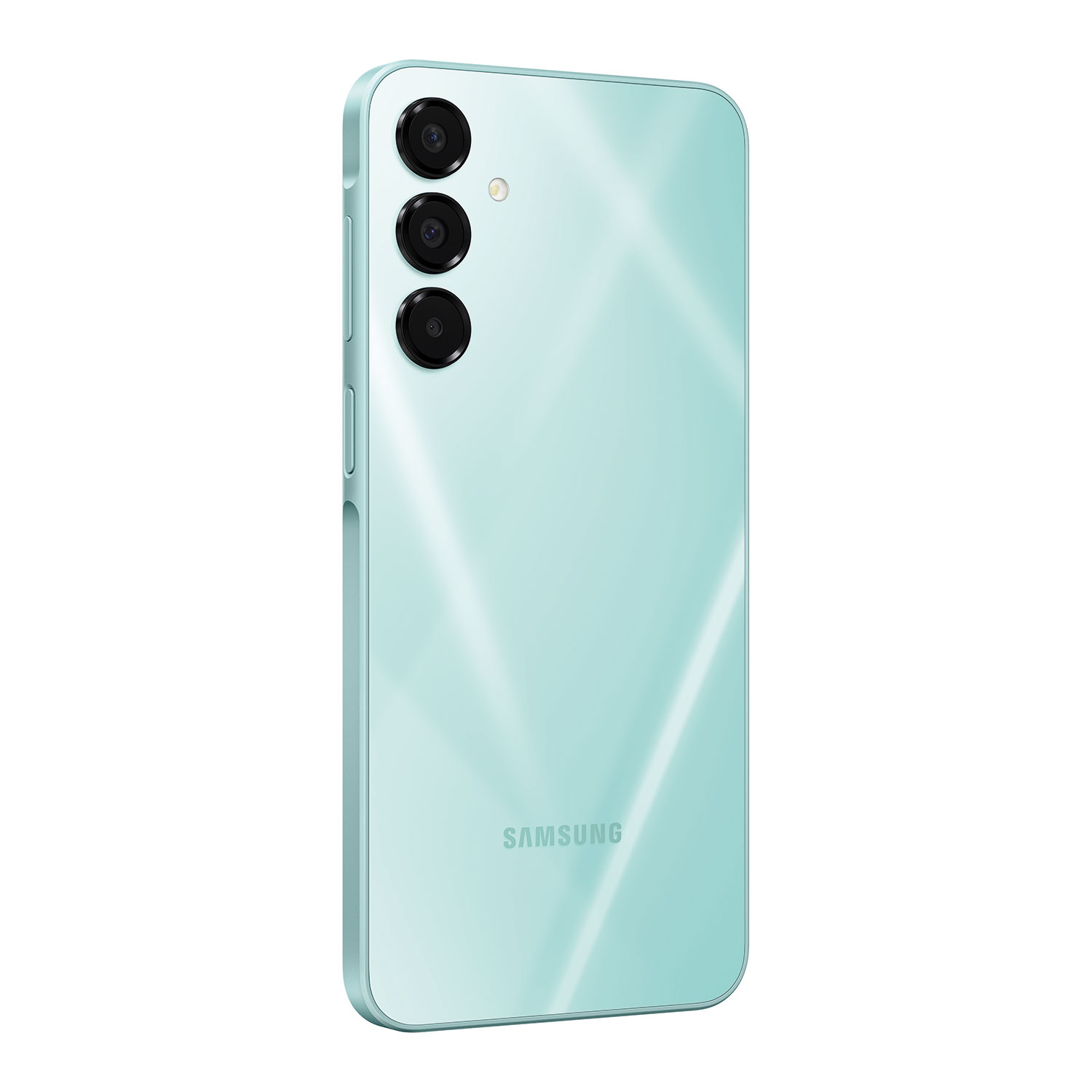 Teléfono Samsung verde menta, vista trasera, mostrando tres cámaras y la marca.
