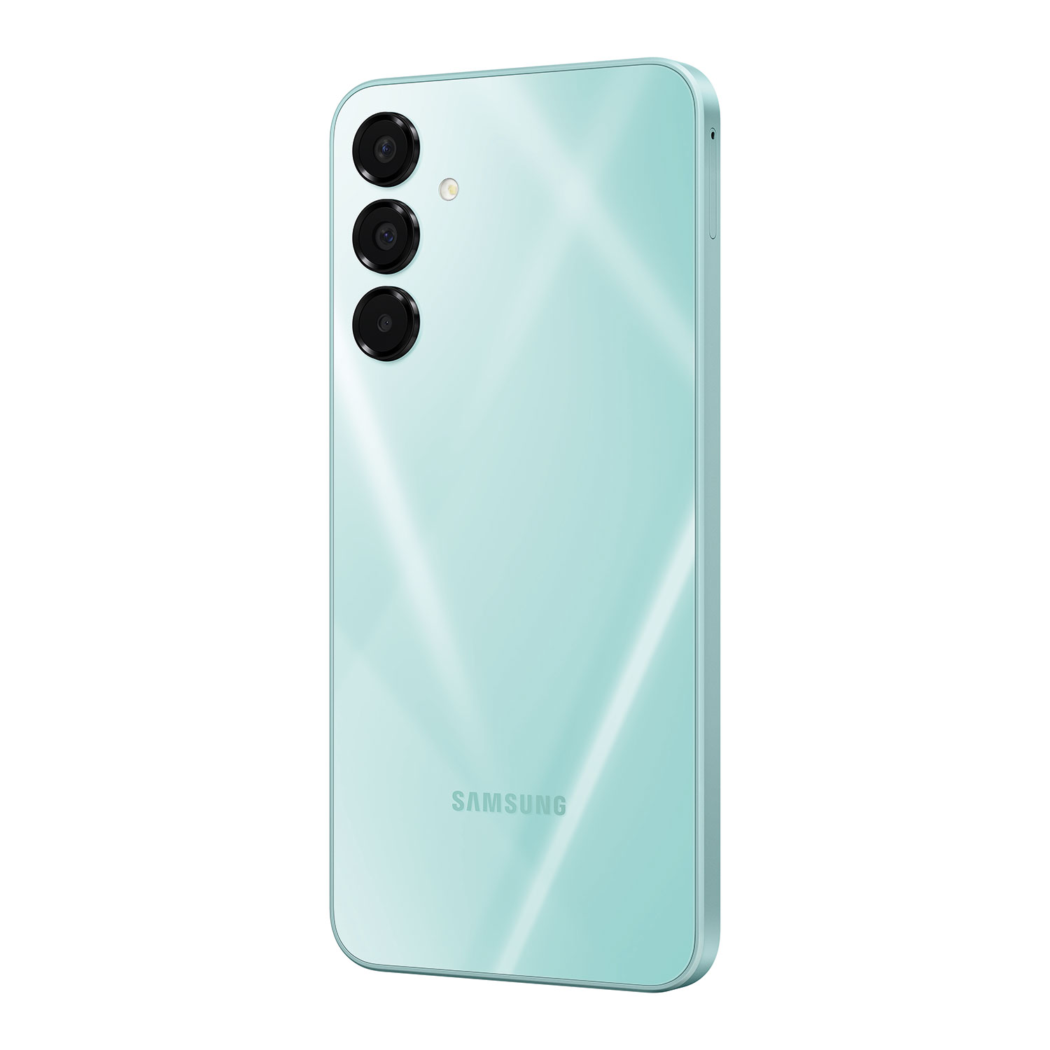 Vista trasera de un smartphone verde claro con tres cámaras y el logo de Samsung.