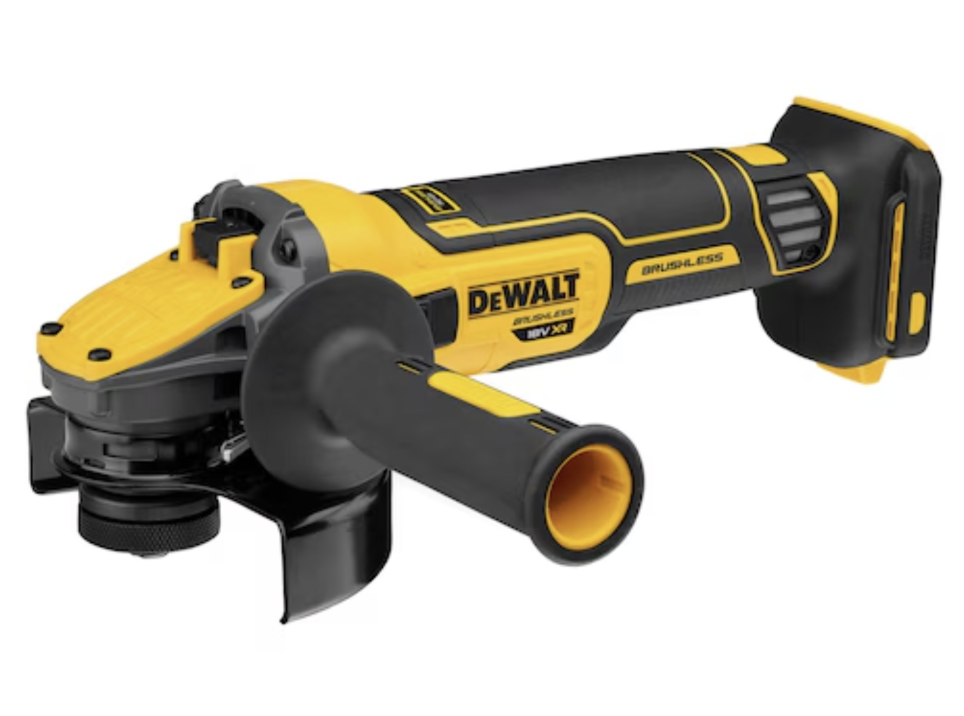 Une meuleuse d'angle DeWalt jaune et noire avec une poignée, sur fond blanc.