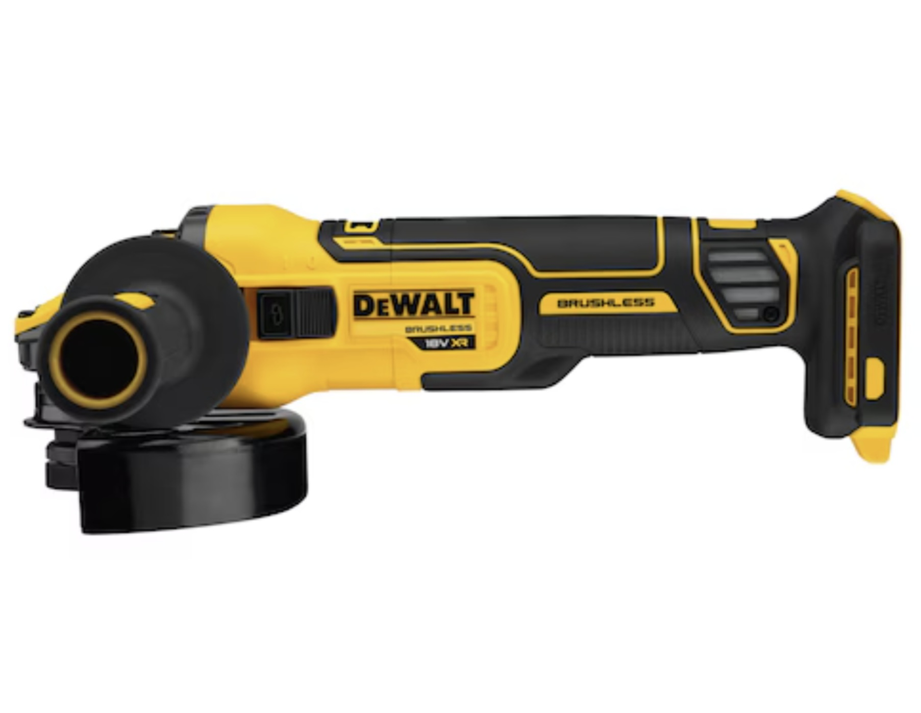 Une meuleuse d'angle DeWalt jaune et noire, un outil électrique, est montrée.