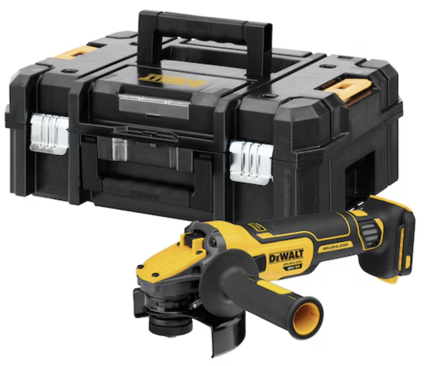 Outils électriques noirs et jaunes dans un étui noir. L'étui est sur fond blanc.