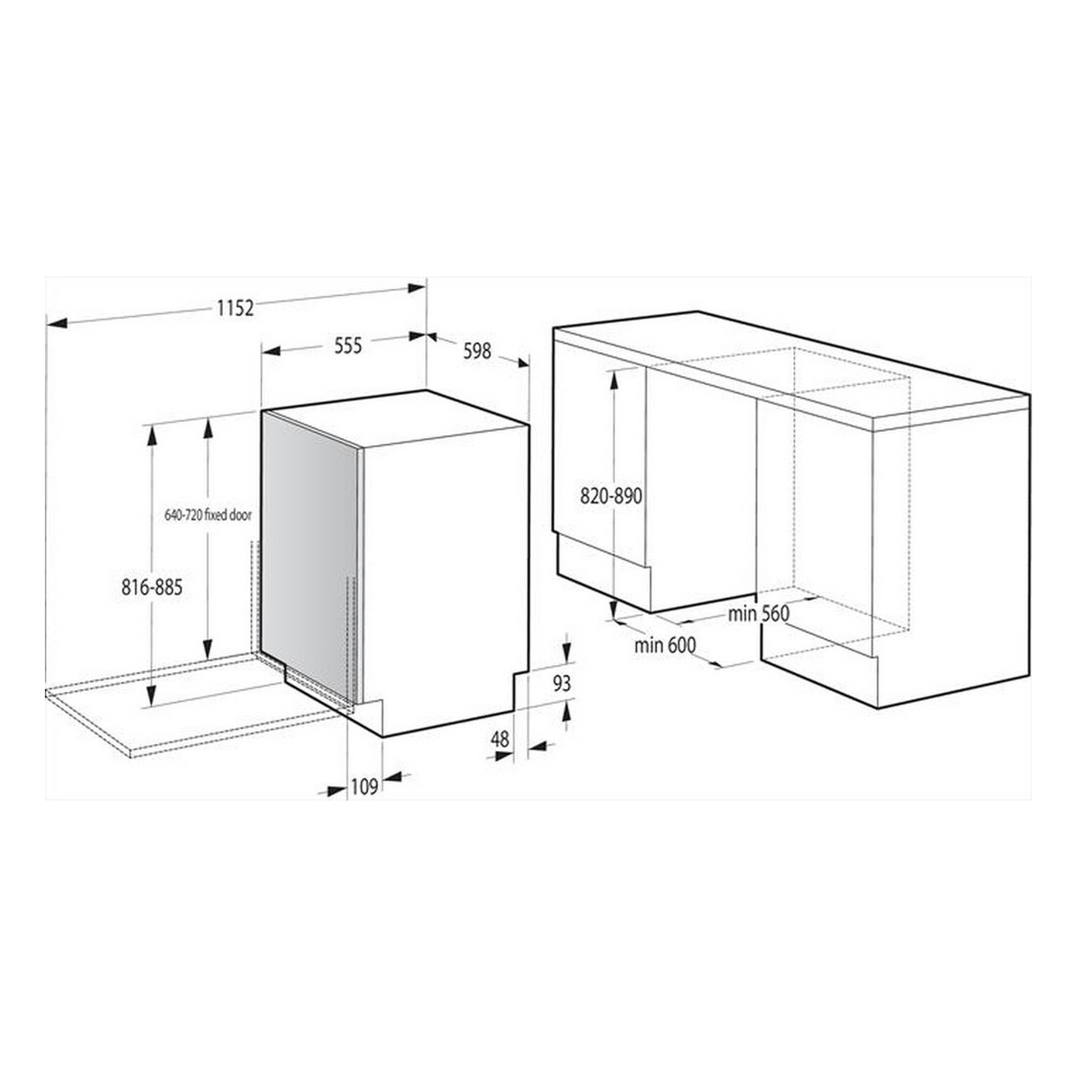 Diagramma di un elettrodomestico da cucina con dimensioni etichettate e misure in millimetri.