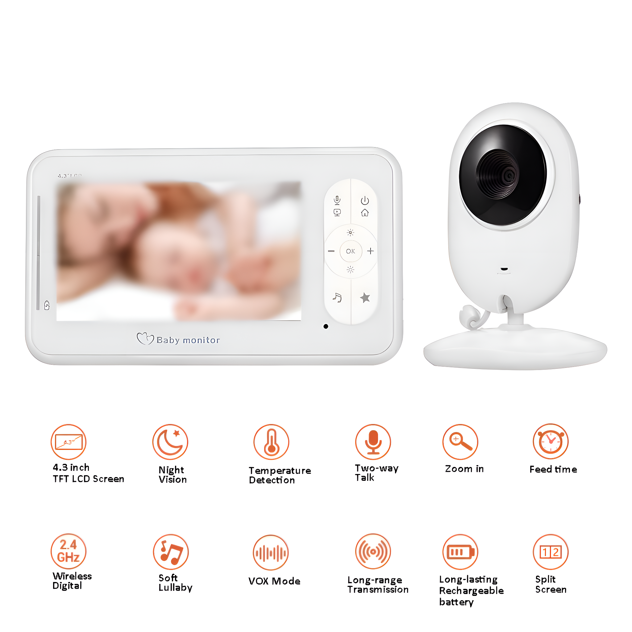 Ein Babyphone mit Bildschirm, der ein Baby zeigt, und eine Kamera. Symbole darunter zeigen Funktionen.