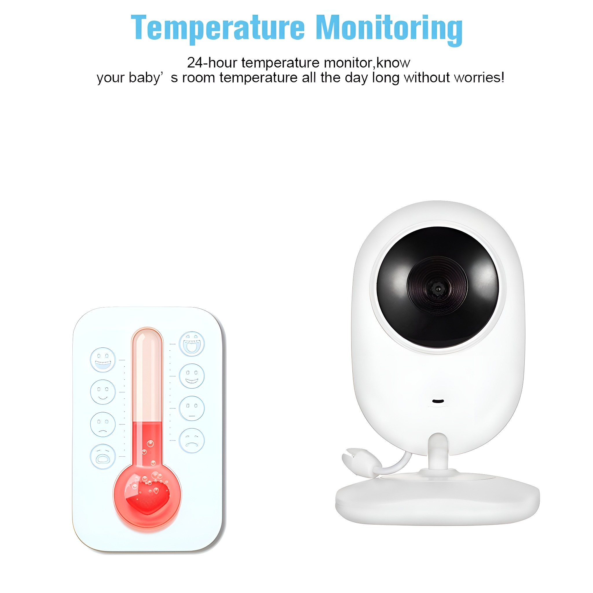 Weißer Babyphone mit Thermometer. Text: Temperaturüberwachung, 24-Stunden-Raumtemperaturüberwachung.