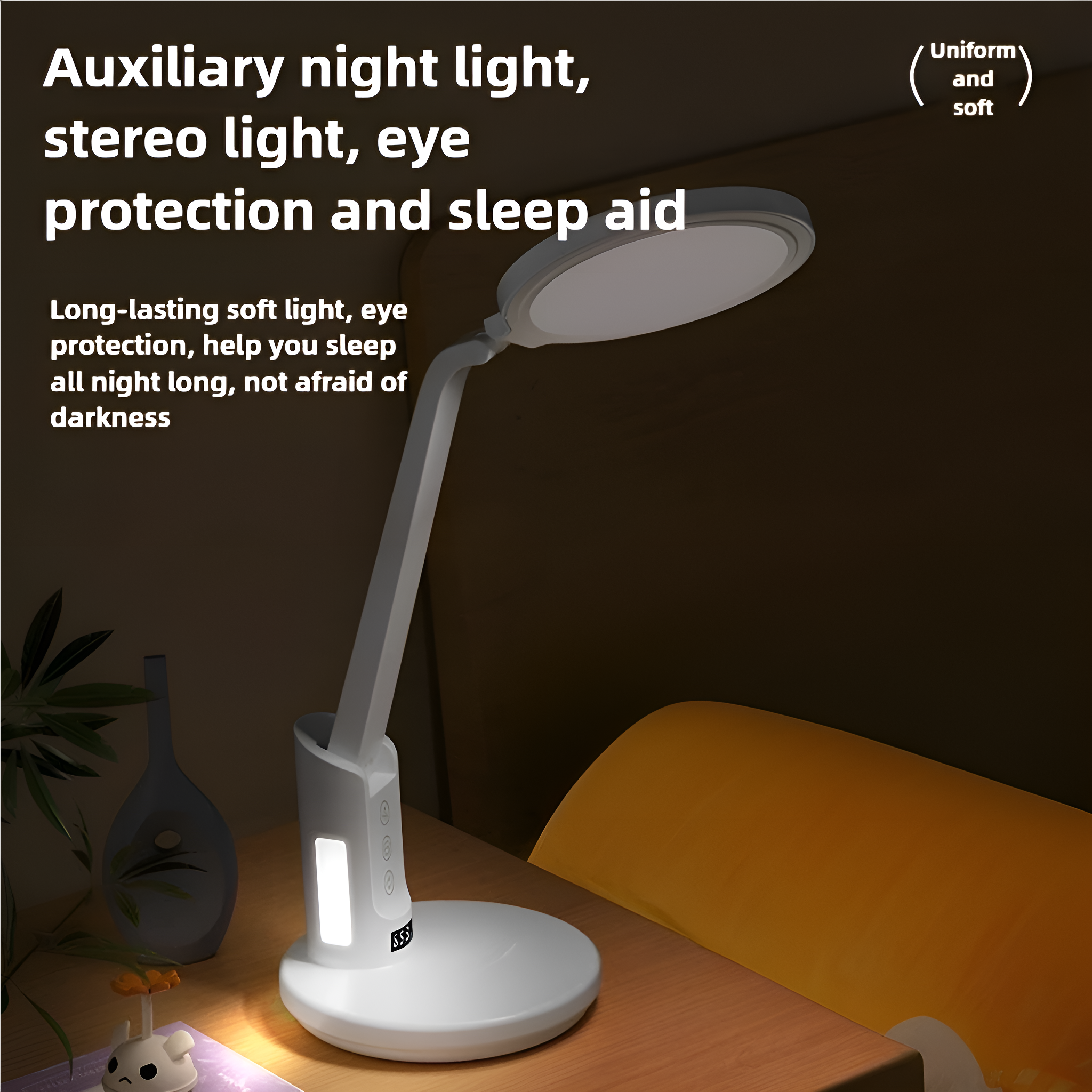 Eine weiße Schreibtischlampe mit gebogenem Hals, auf einem Tisch, mit Text über Augenschutz.