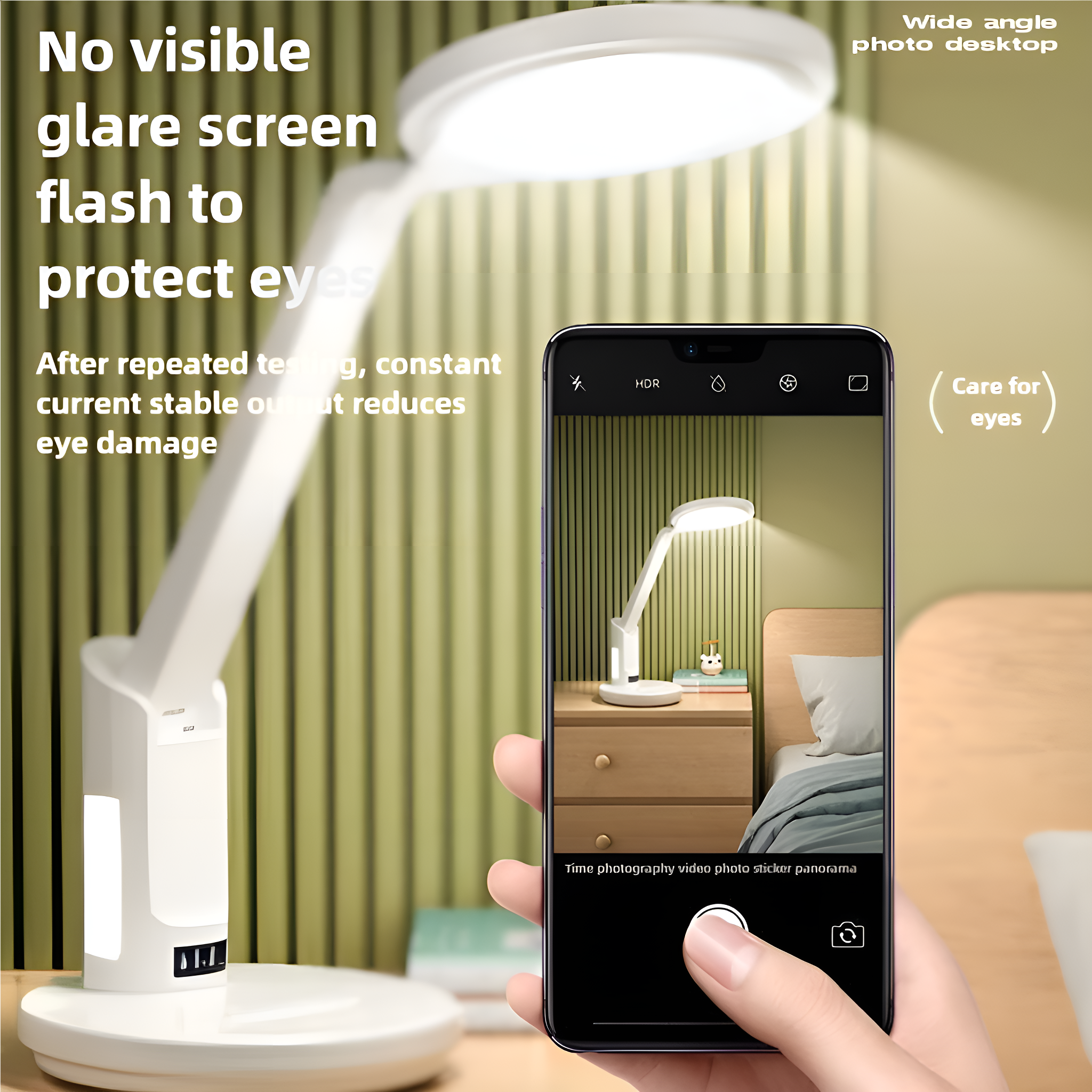 Eine Person hält ein Telefon, das eine Schreibtischlampe zeigt. Text besagt, dass die Lampe Augen schützt.