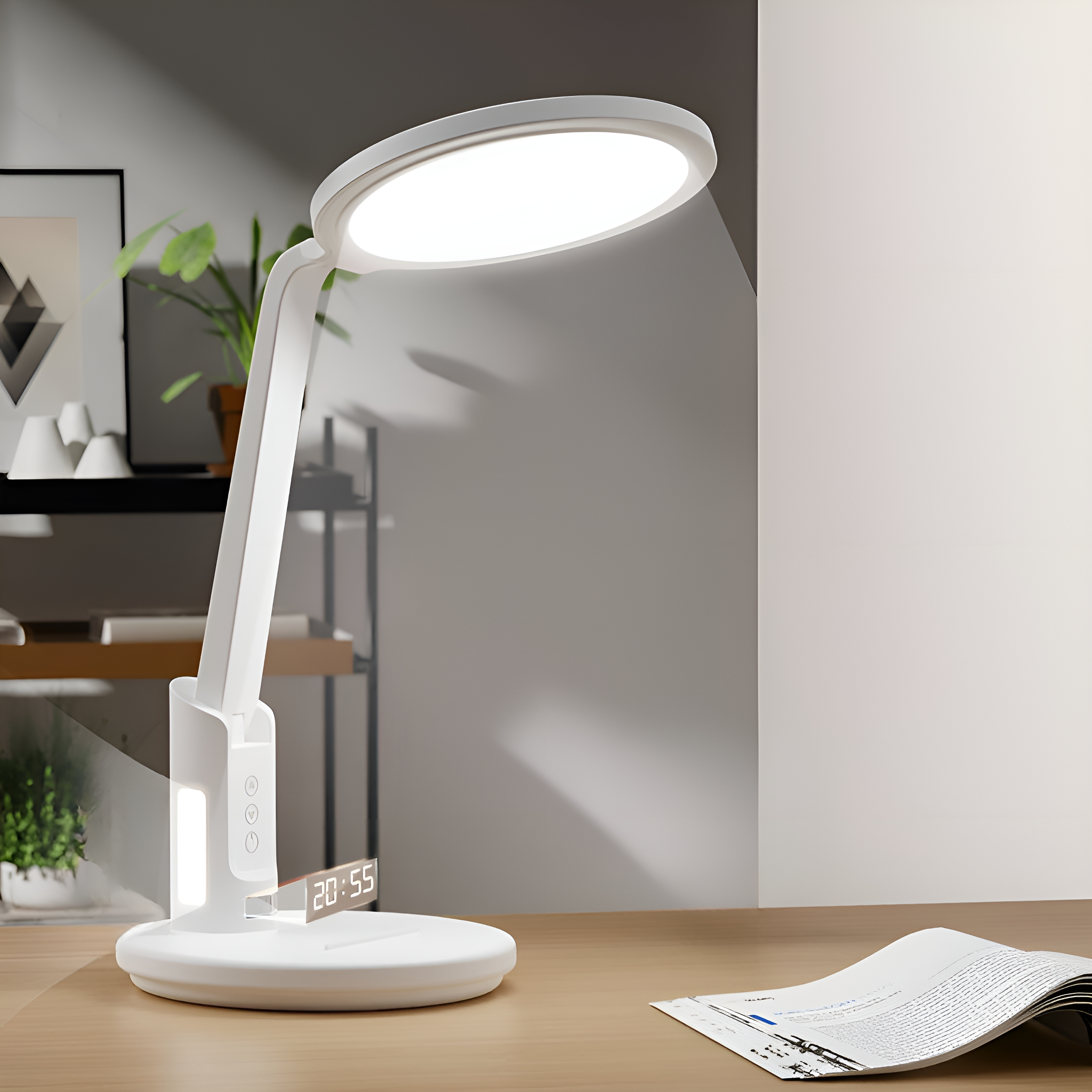 Weiße Schreibtischlampe mit LED-Licht und Digitaluhr auf einem Holztisch. Offenes Buch auf dem Tisch.