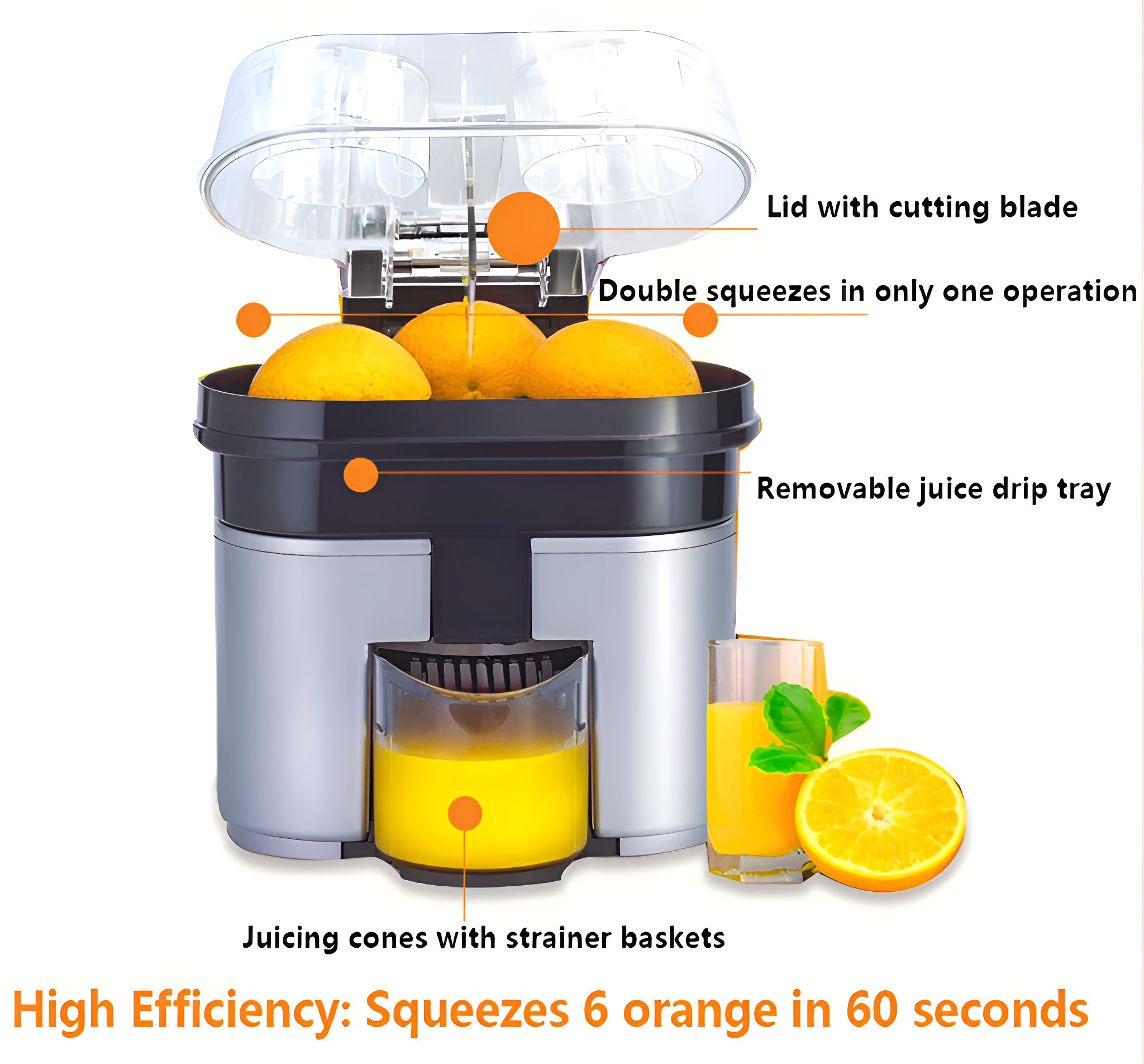 Eine Orangen-Entsaftungsmaschine mit Orangen, Saft und Etiketten mit Funktionen.