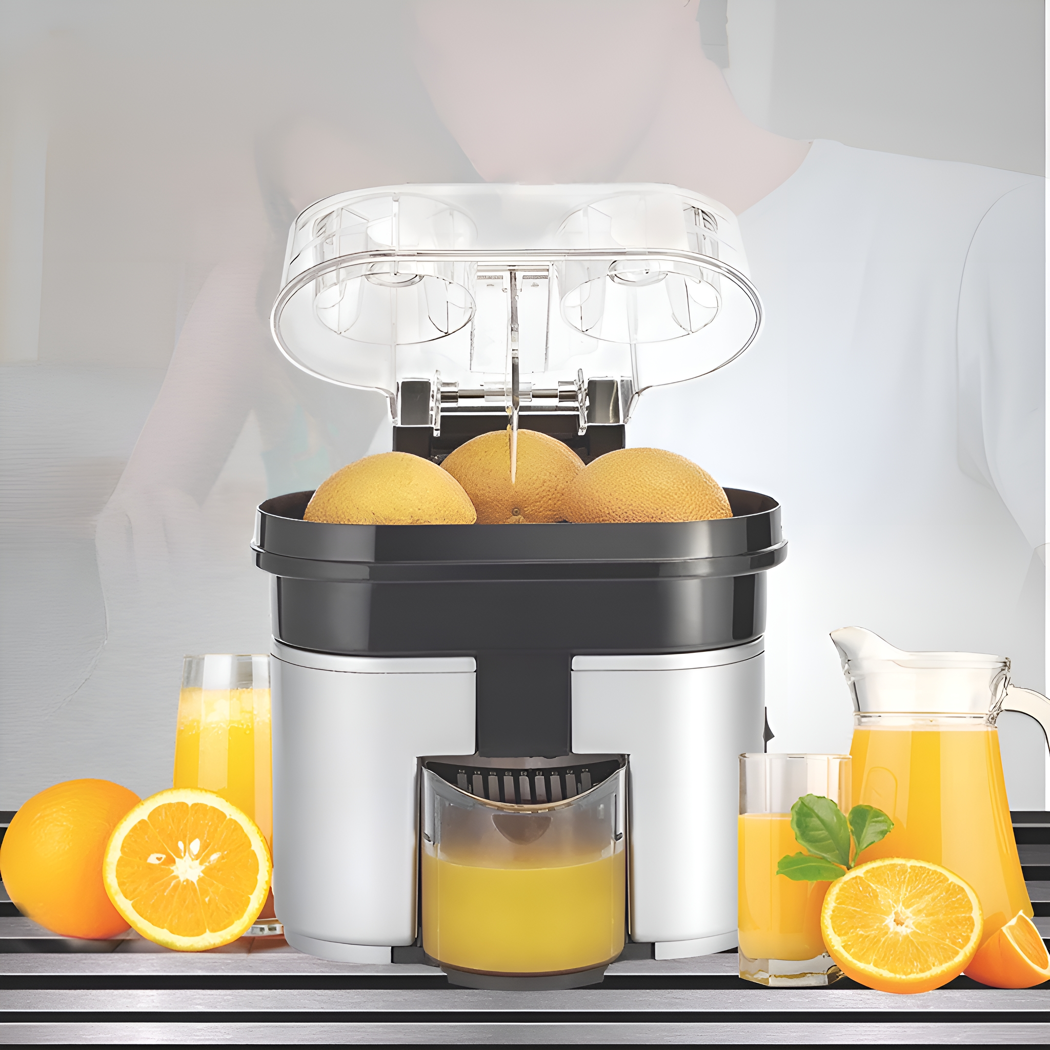 Eine Orangensaftpresse mit Orangen, Saft und einer Person im Hintergrund, mit einem transparenten Deckel.