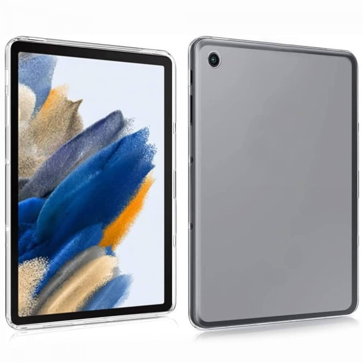 Tablet mit durchsichtiger Hülle, auf weißer Oberfläche. Bildschirm zeigt abstrakte Kunst.
