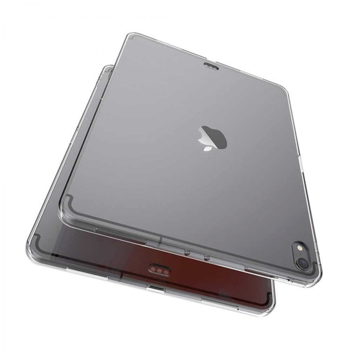 Zwei transparente iPad-Hüllen gestapelt. Das Apple-Logo ist auf der unteren Hülle sichtbar. Weißer Hintergrund.