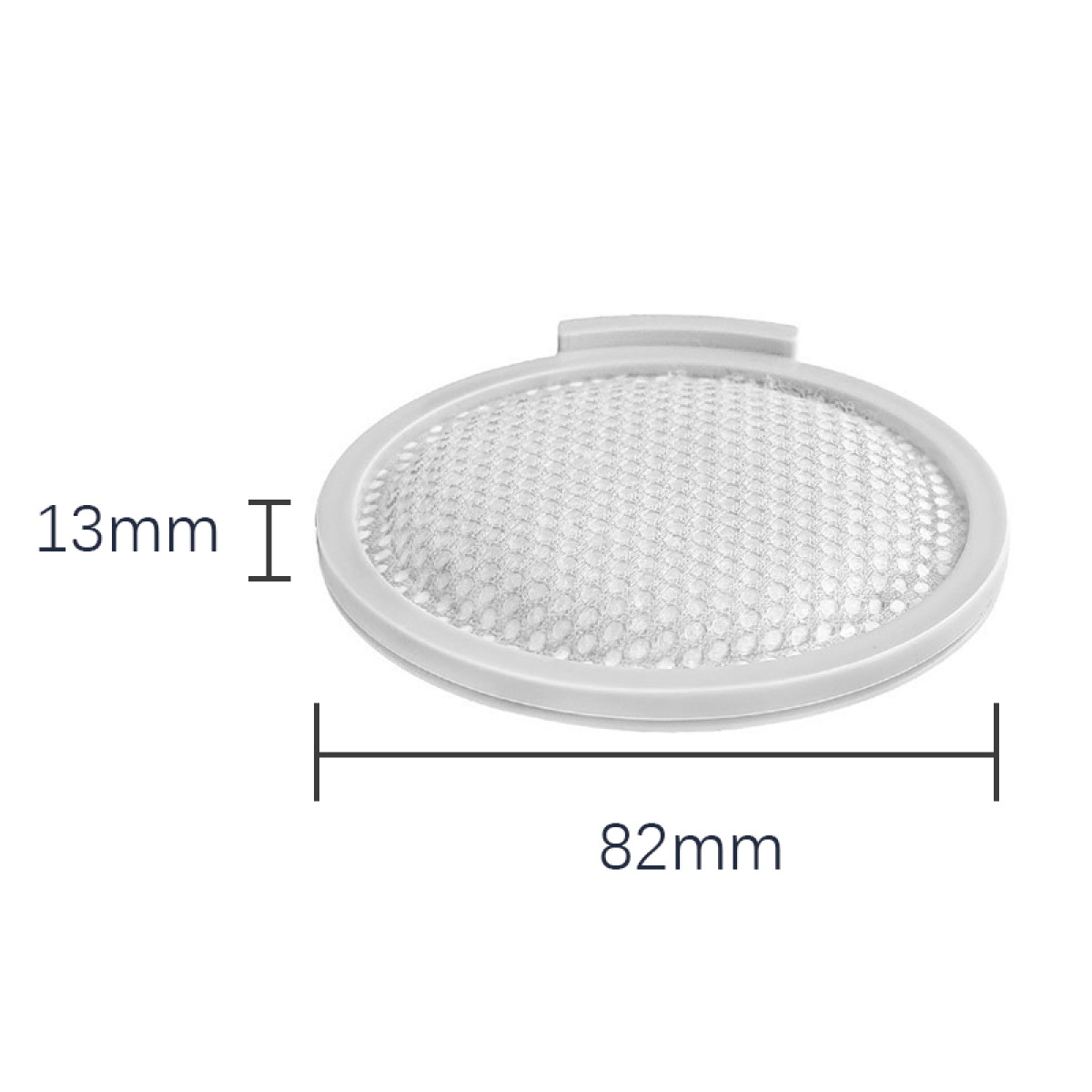 Filtre en maille blanc avec mesures: 82mm largeur, 13mm épaisseur. Fond blanc.