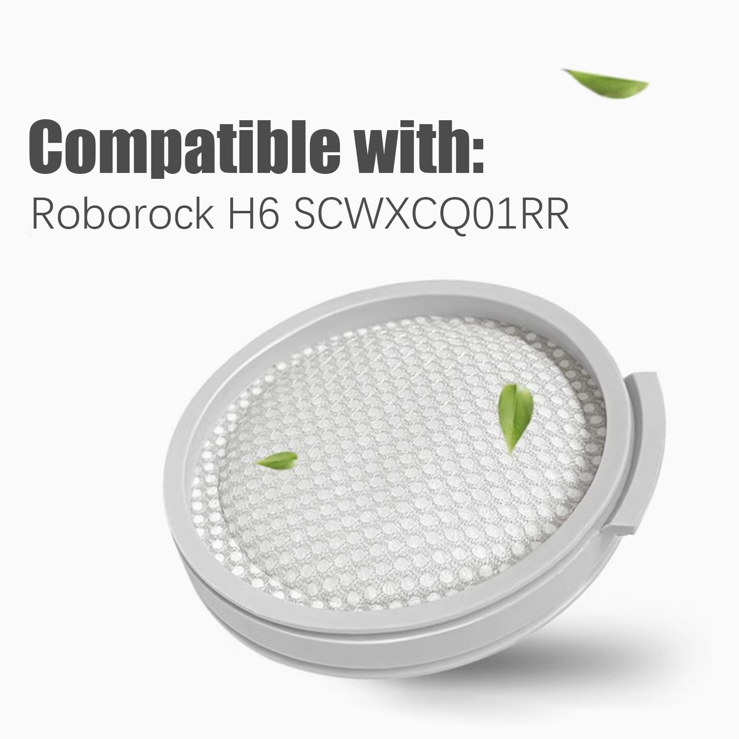 Filtre blanc pour aspirateur, avec des feuilles vertes flottant en arrière-plan.