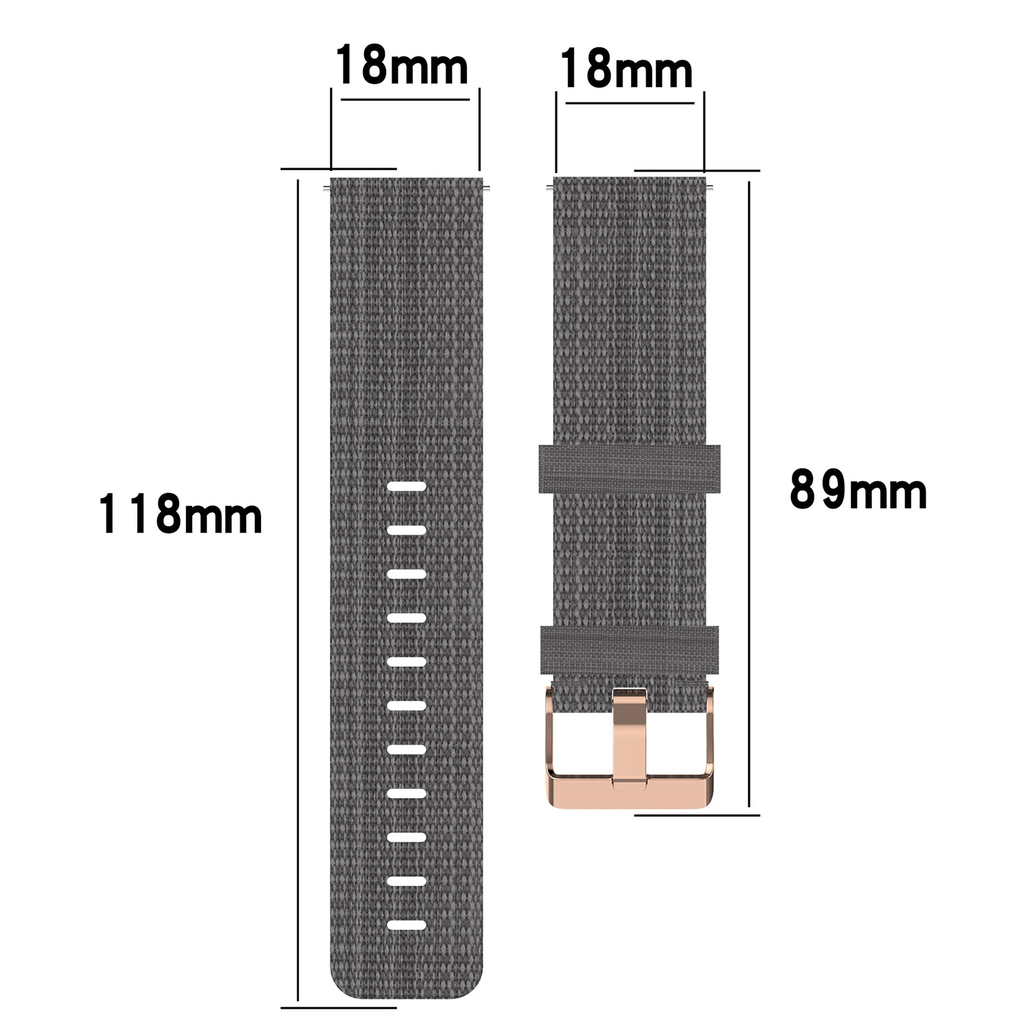 Dwa szare paski do zegarków z wymiarami: 118 mm długości, 18 mm szerokości i 89 mm.
