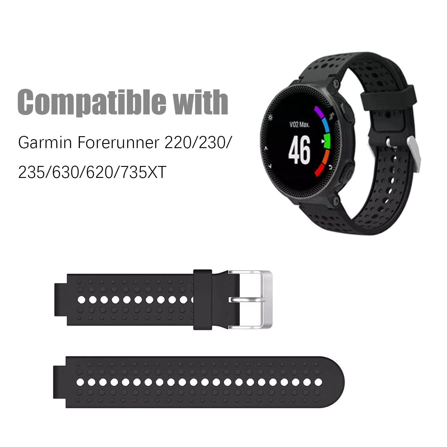 Czarny zegarek Garmin i dwa czarne paski do zegarka ze srebrną sprzączką. Tekst: Kompatybilny z Garmin Forerunner.