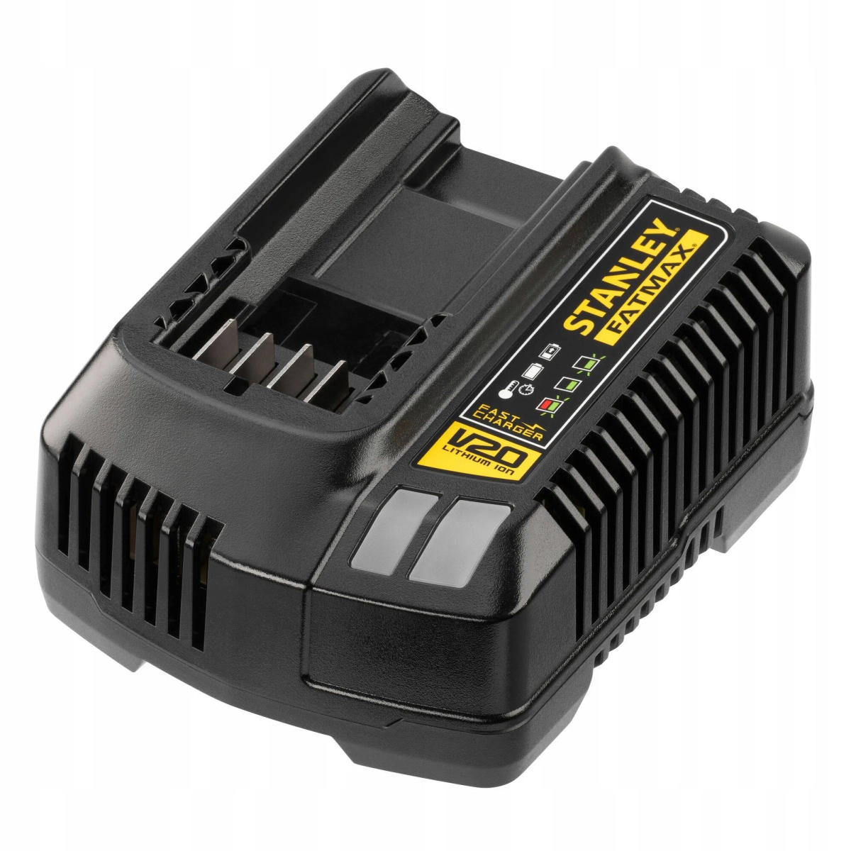 Un cargador de batería Stanley FatMax V20 negro y amarillo con un diseño detallado.