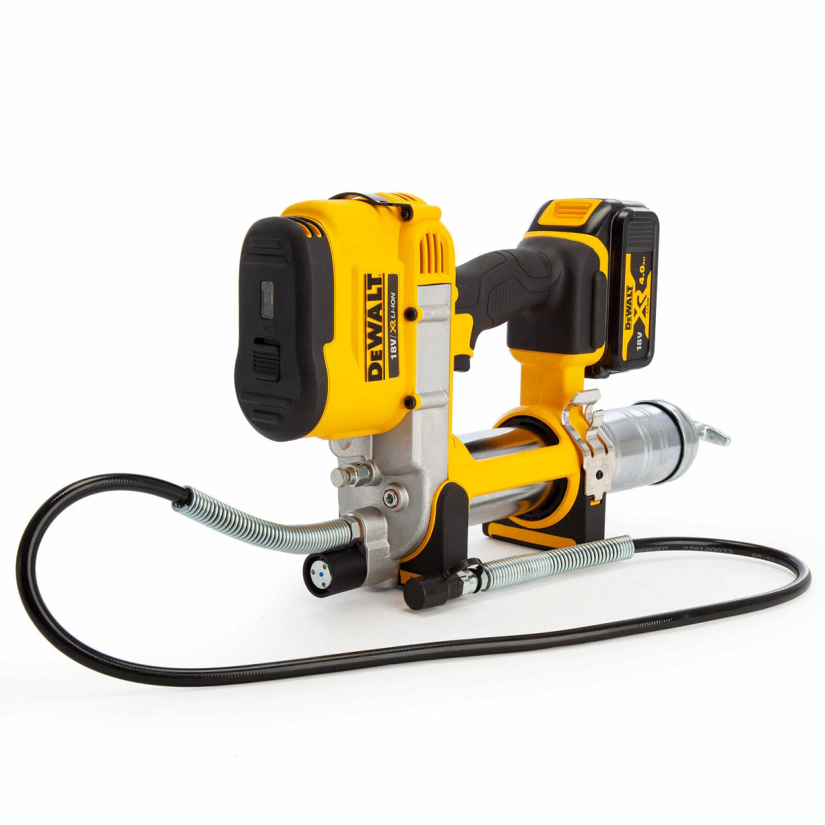 Ingrassatore DeWalt giallo e nero. A batteria, tubo flessibile, manico nero.