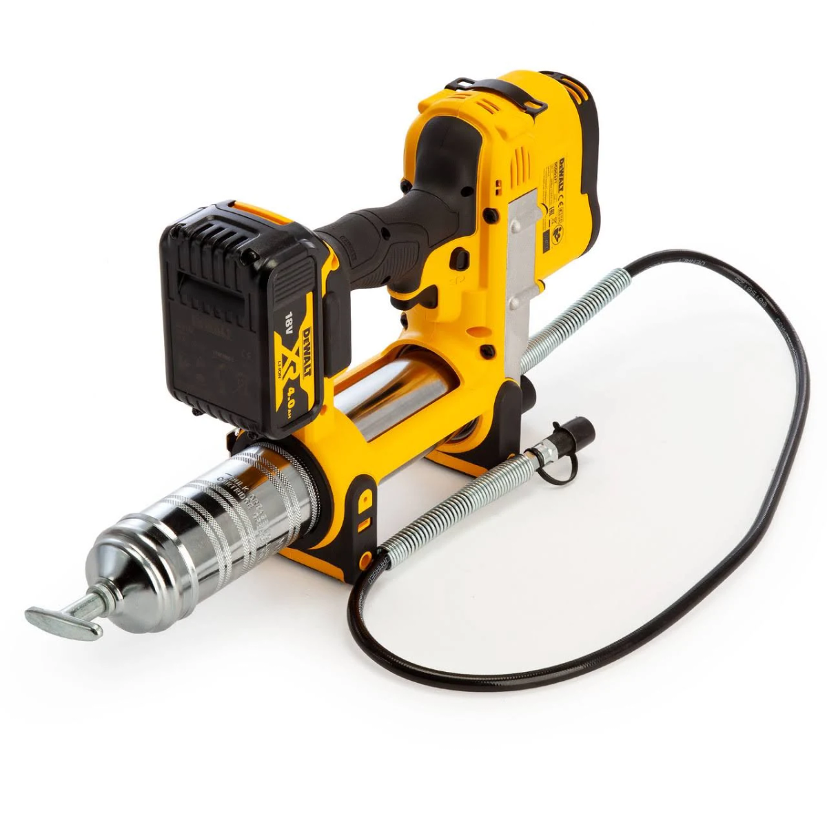 Ingrassatore giallo e nero con batteria collegata, su sfondo bianco.