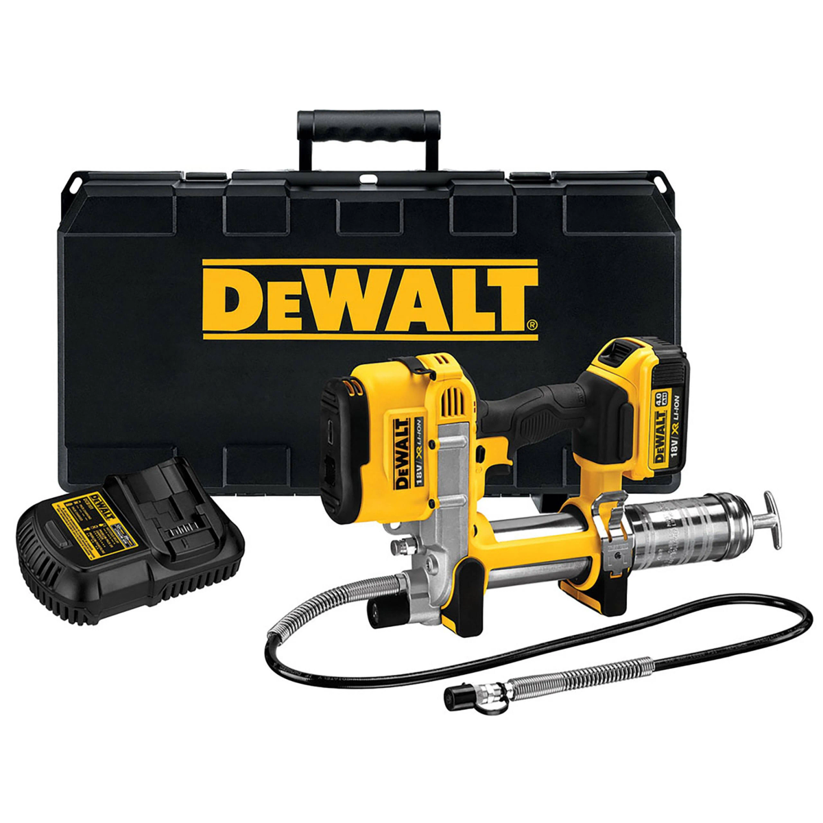 Ingrassatore Dewalt giallo e nero con custodia nera e caricabatterie su bianco.