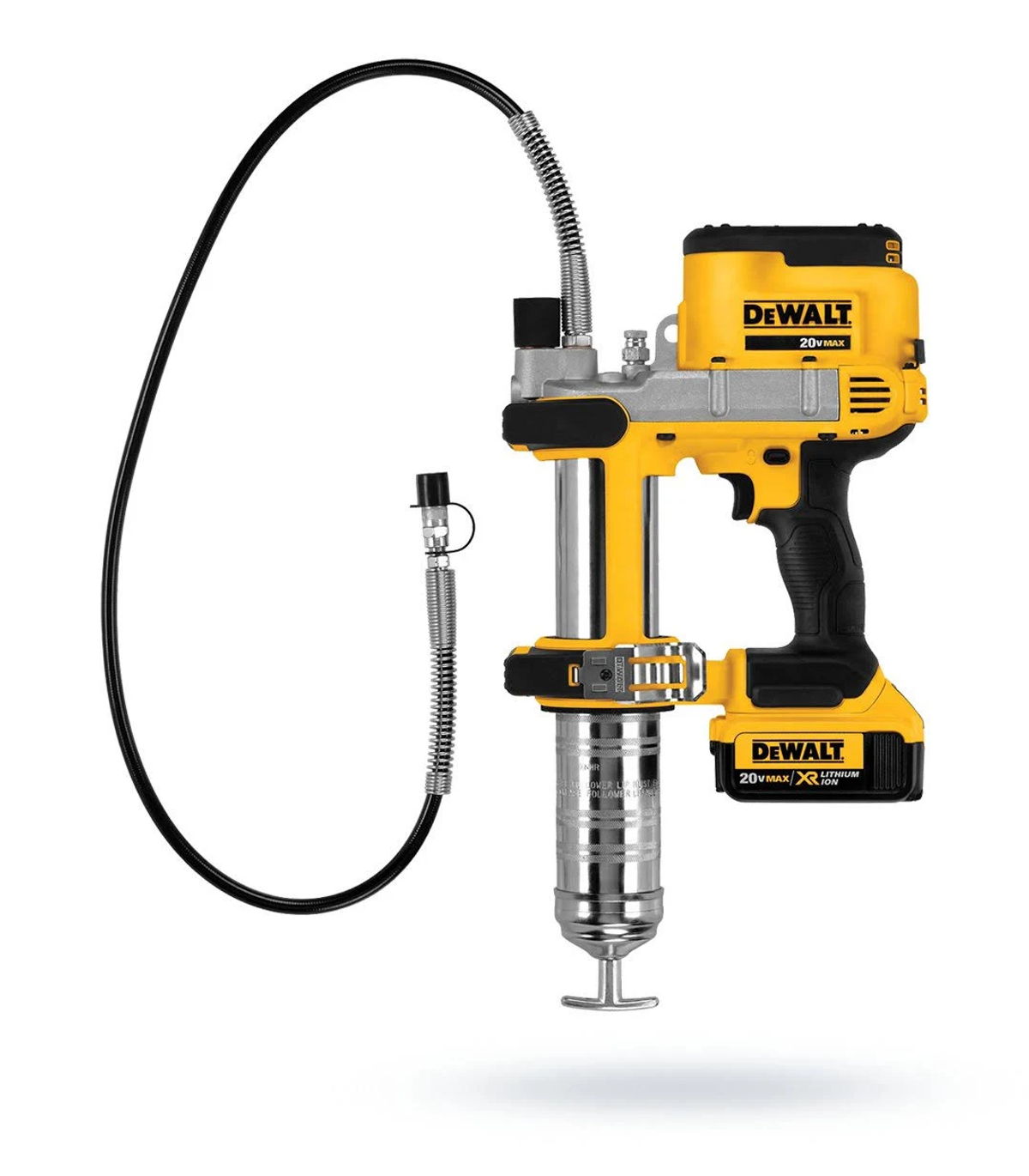 Ingrassatore DeWalt giallo e nero. Tubo nero collegato. Sfondo bianco. Batteria al litio 20V MAX visibile.