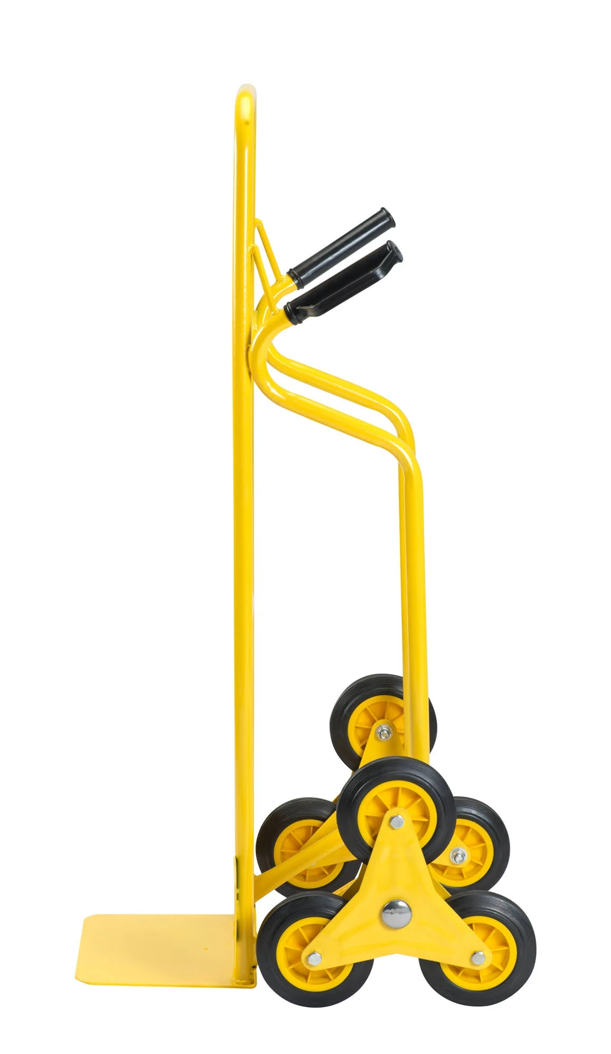 Un carro de mano amarillo con asas y ruedas negras, aislado sobre blanco.