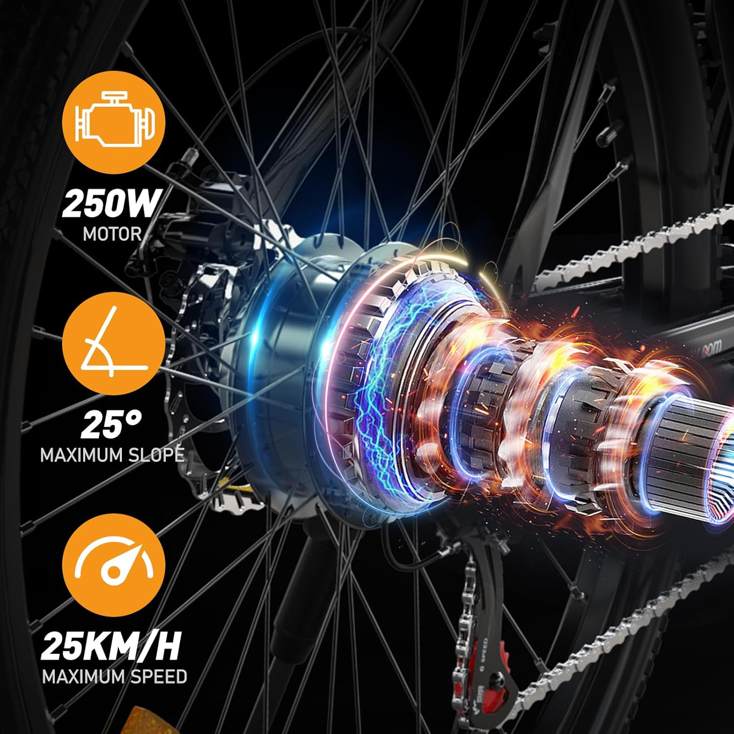 Zbliżenie koła roweru elektrycznego ze szczegółami silnika, prędkości i nachylenia.
