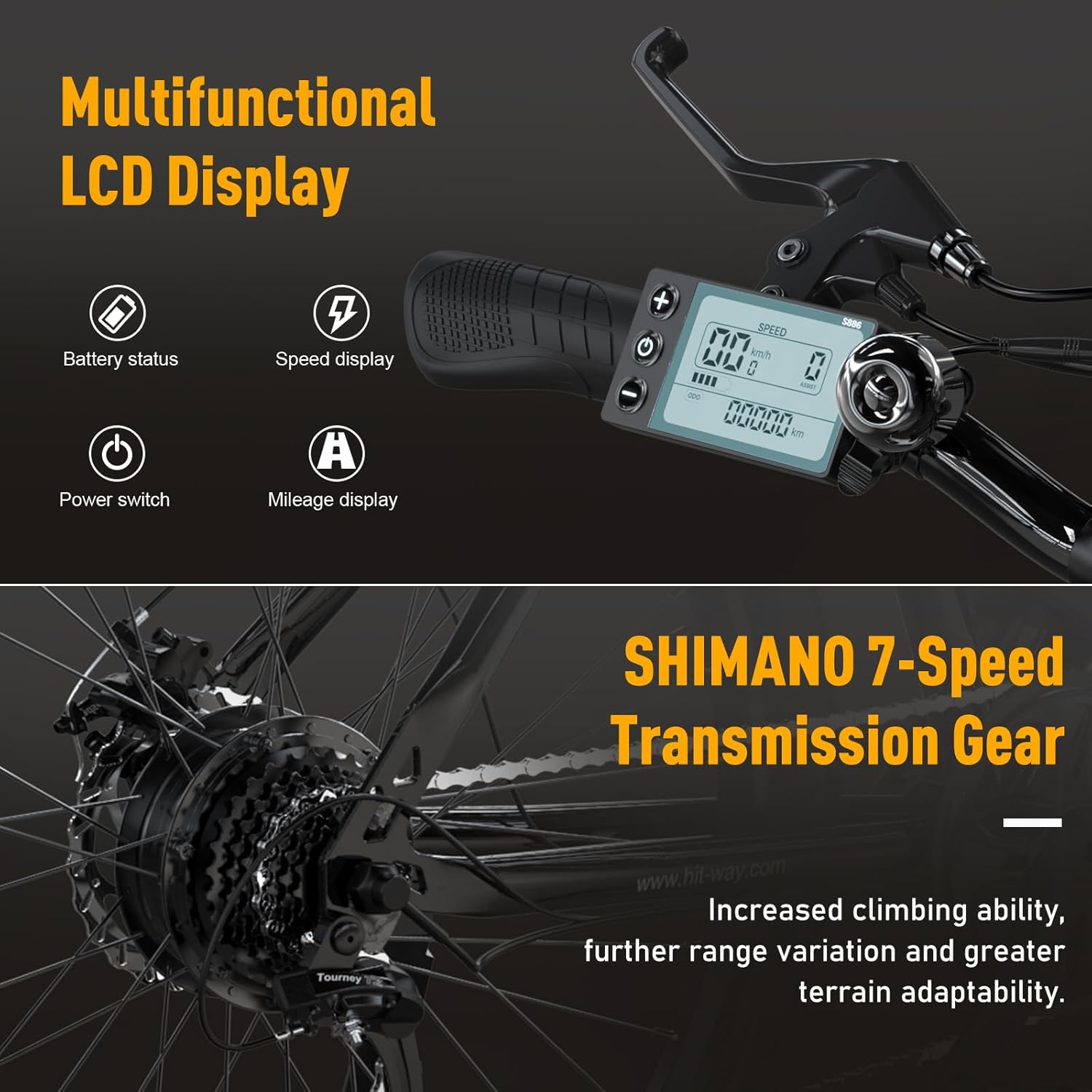 Wyświetlacz roweru pokazuje prędkość i inne dane. Rower ma przerzutki Shimano. Tekst: Shimano 7-Speed Transmission Gear.