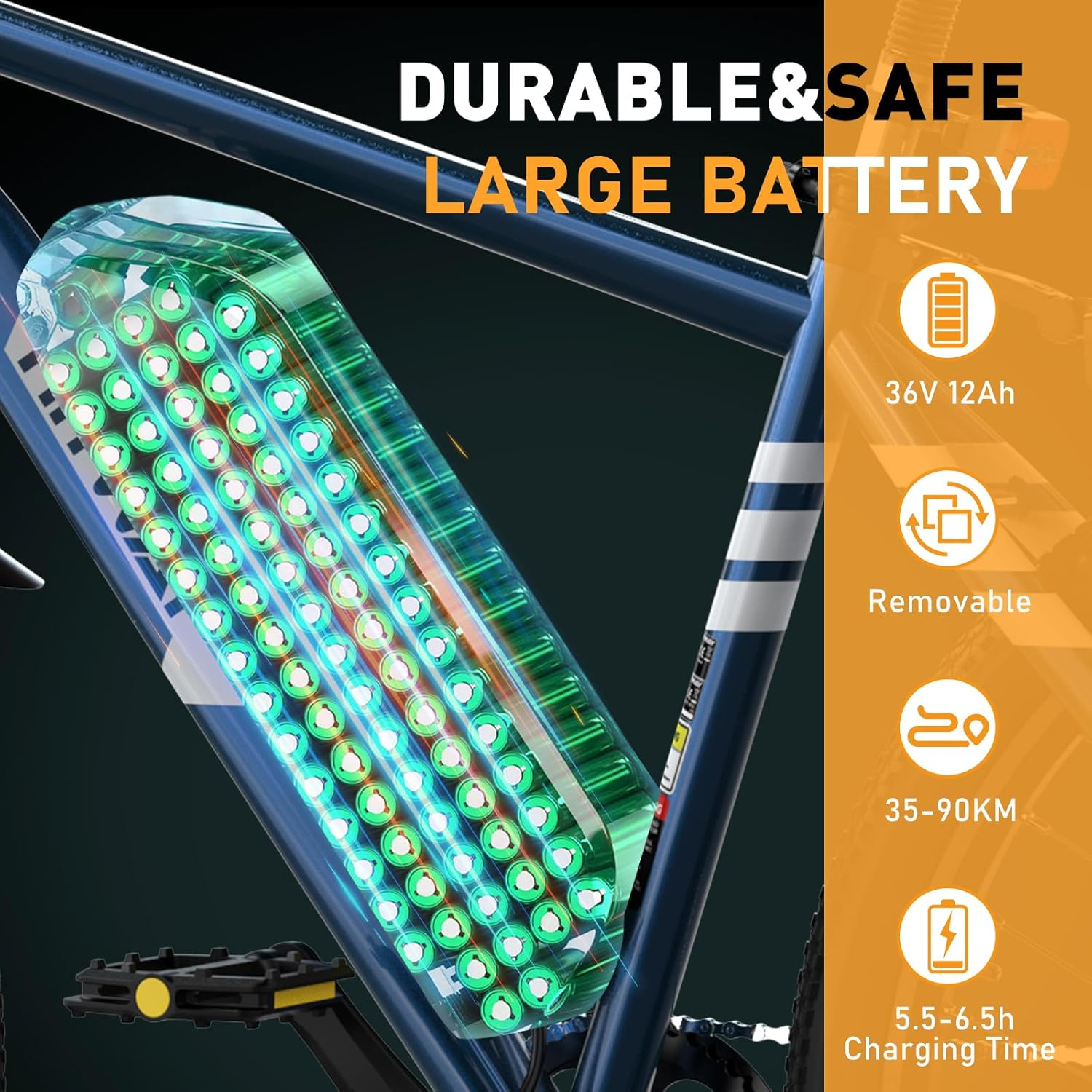 Un pacco batteria per bici elettrica con dettagli su batteria, autonomia e tempo di ricarica.