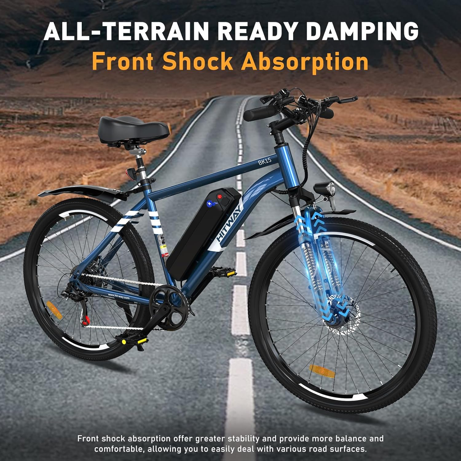 Una e-bike blu con assorbimento degli urti anteriore è su una strada. La bici ha una batteria nera e il marchio HITWAY è visibile.