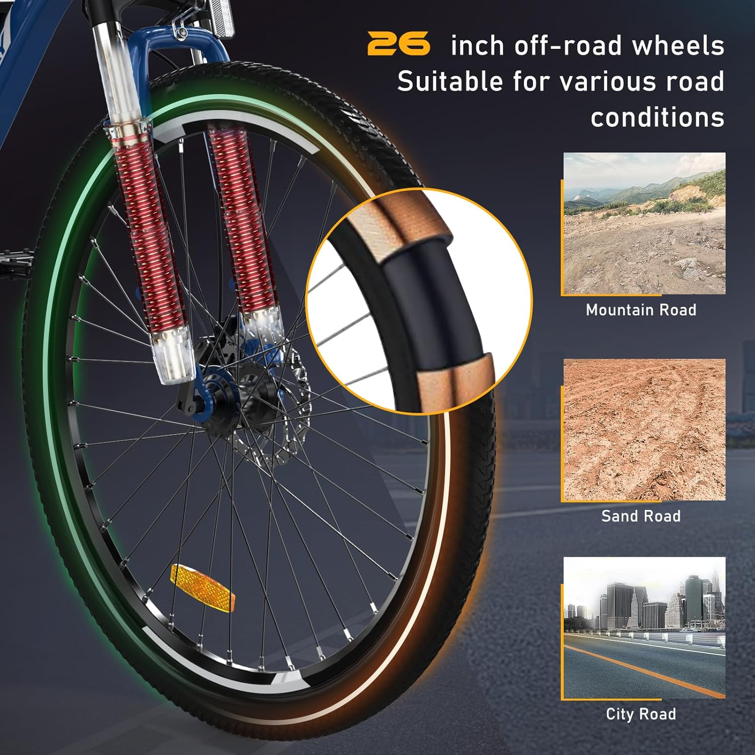 Una ruota di bicicletta con ruote fuoristrada da 26 pollici. I pneumatici sono neri e ci sono immagini di diverse strade.