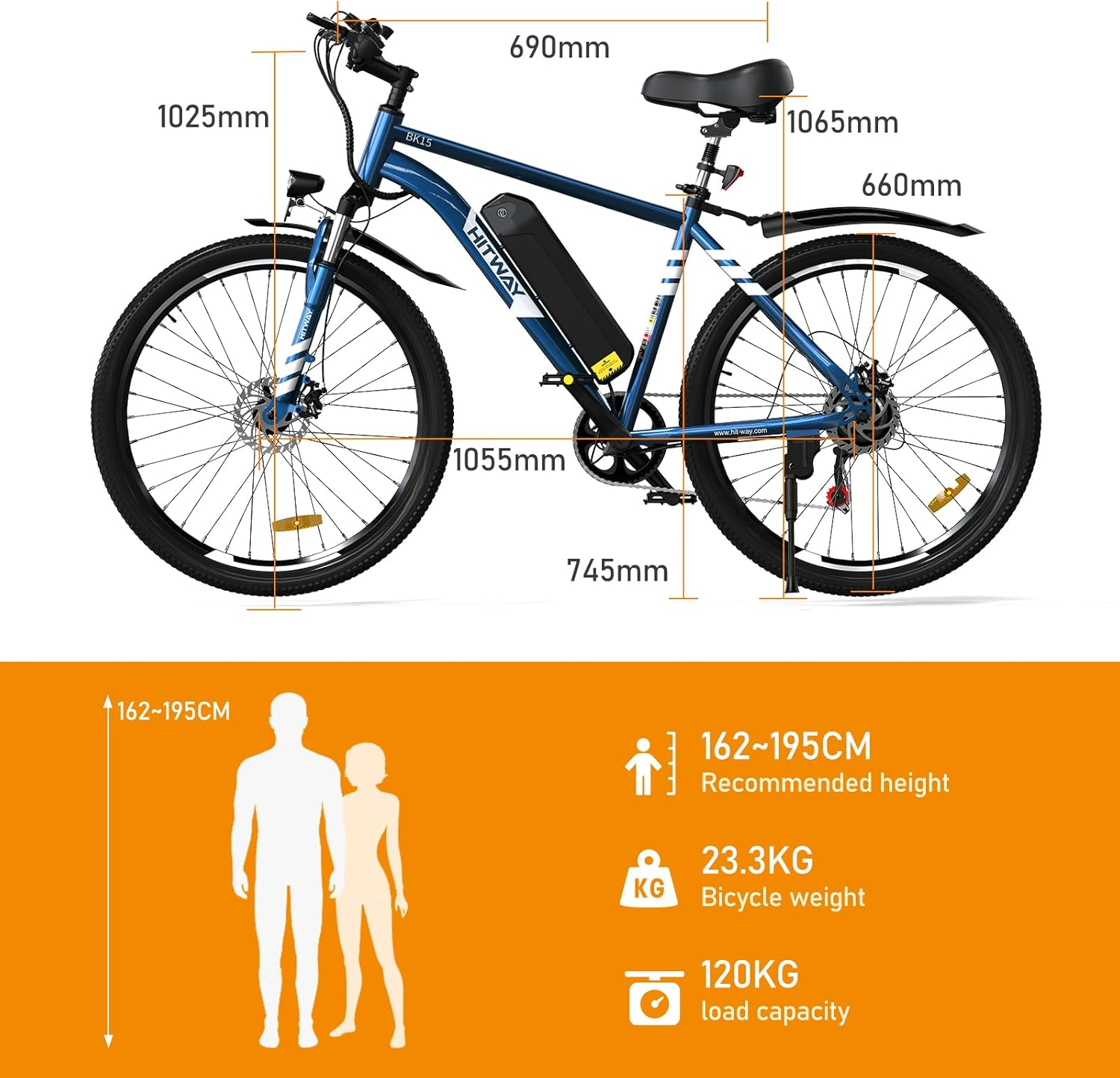 Bicicletta elettrica blu con dimensioni indicate. Include altezza consigliata, peso e capacità di carico.