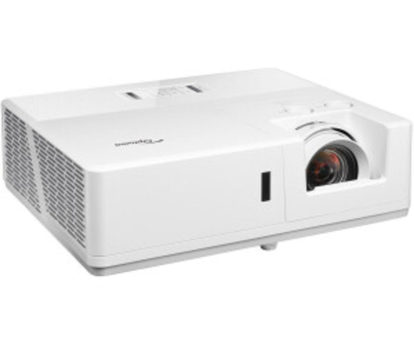 Biały projektor. Widoczny obiektyw. Białe tło.